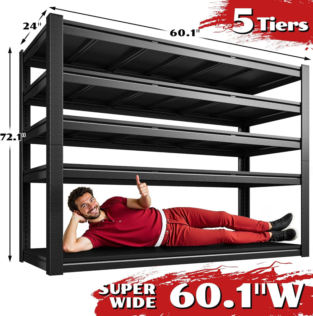 3125LBS Storage Shelves, 60.1" W Garage Shelving Heavy Duty, Adjustable Metal Shelving Unit, Storage Rack for Garage, Basement, Warehouse with Tool-Free Installation, 60.1" W x 24" D x 72.1" H