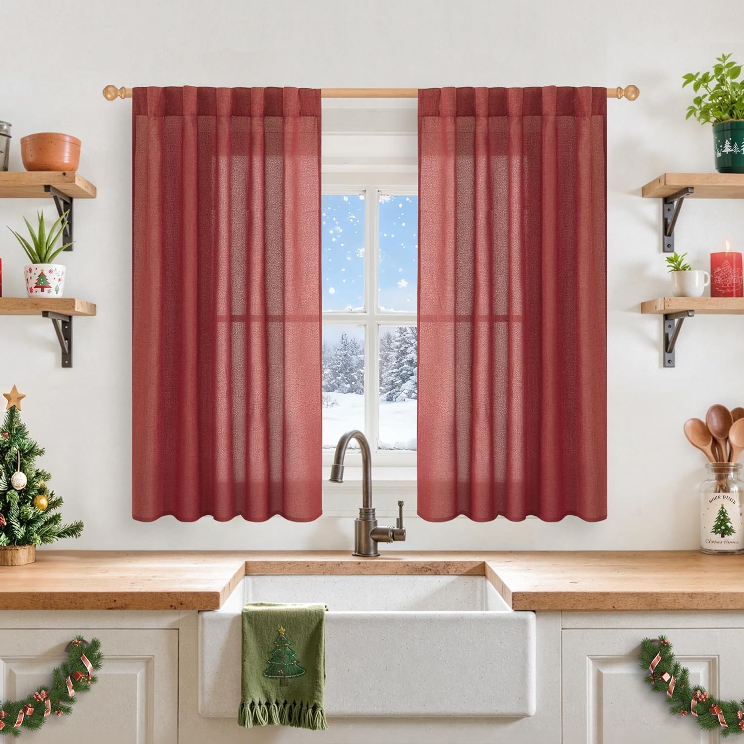 YoungsTex Red Linen Curtains 48 Inch Length for Kitchen, Short Semi Sheer Window Drapes with Rod Pocket Back Tab Light Filtering for Christmas Living Room Bedroom Bathroom, 2 Panels, 42 X 48 Inch
