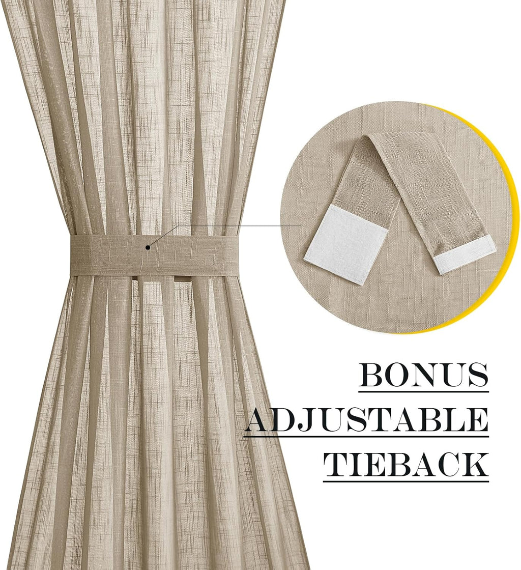 NICETOWN French Door Curtain Panel - Durable Faux Linen Casual Weave Sheer Front Door Window Covering, Privacy Light Filtering Semi Sheer Curtain with Tieback (Taupe, 1 Panel, 30" by 72")