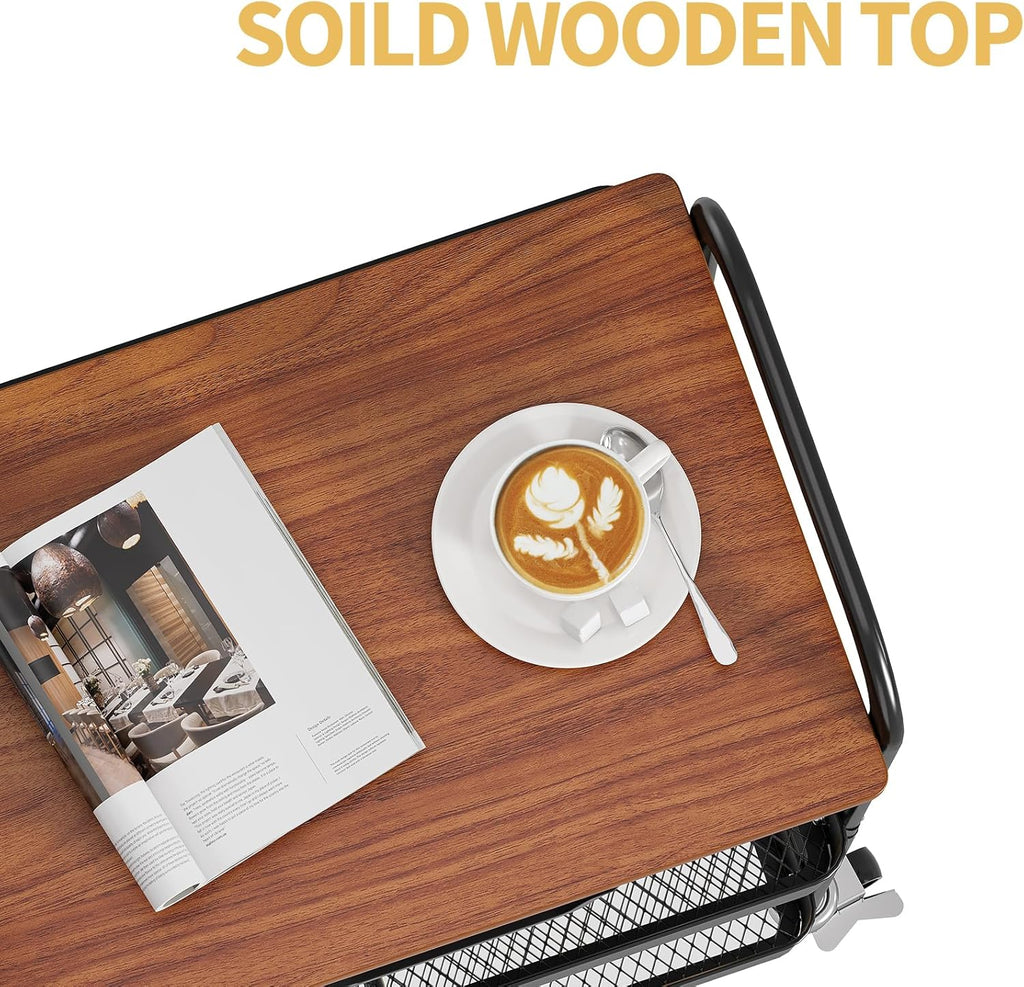 TOOLF 3-Tier Utility Rolling Cart with Wooden Board and Drawer, Metal Storage Cart with Handle, Black Trolley Kitchen Organizer Rolling Desk with Locking Wheels for Office, Classroom, Home, Bedroom