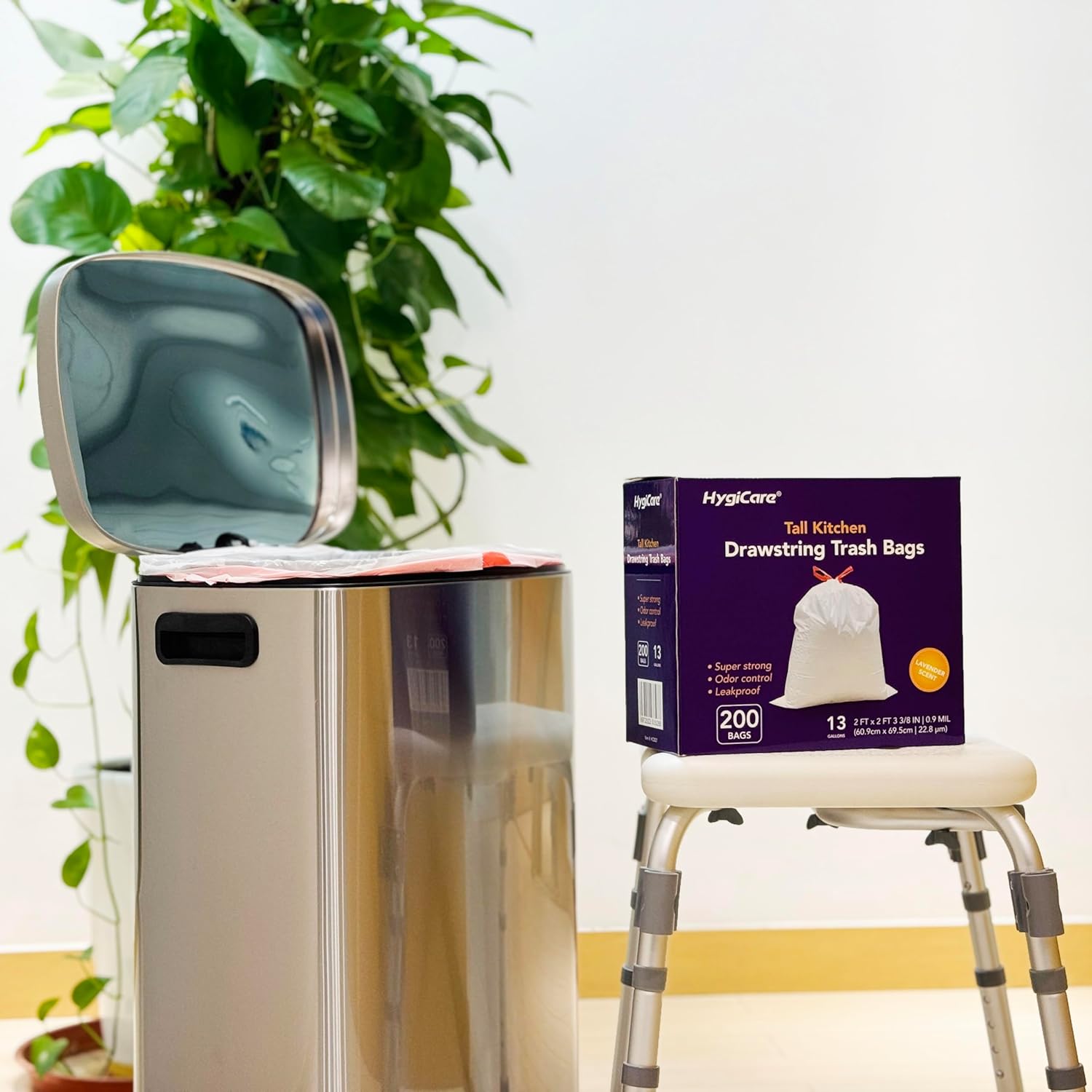 13 Gallon Tall Kichen Trash Bags, Lavender Scented 200 Count Drawstring Garbage Bags, Pre-Separated, Odor Control, Ultra Strong, Leakproof, Sturdy, White