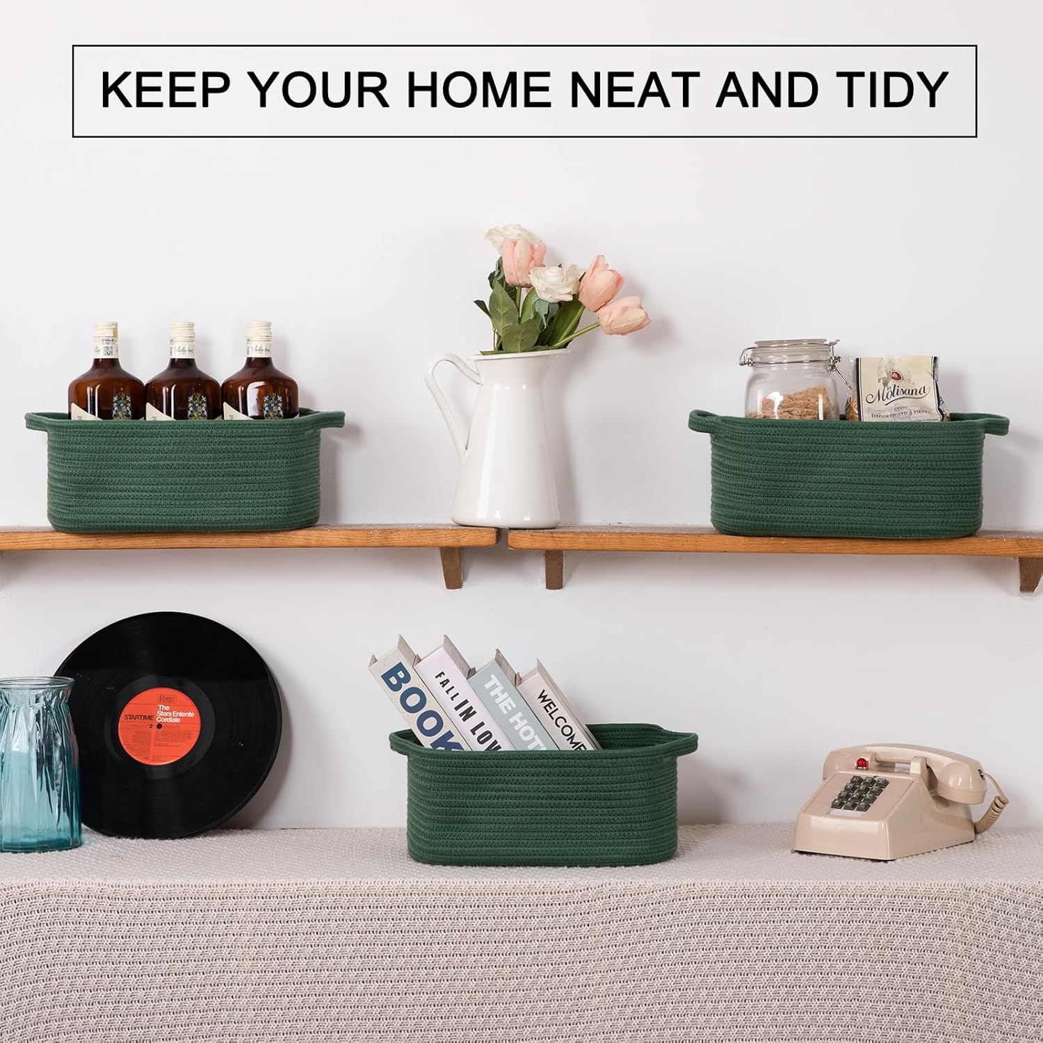 OIAHOMY Cotton Rope Woven Baskets for Storage, Nursery Rectangle Storage Basket with Handles for Shelves, Pack of 3, Green