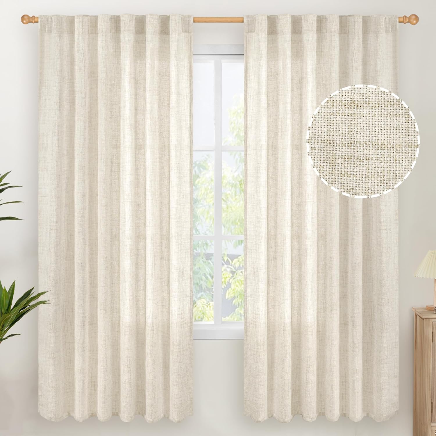 YoungsTex Linen Curtains for Living Room 2 Panels - Ivory Cream Light Filtering Drapes with Back Tab Rod Pocket Rustic Semi Sheer for Country Bedroom, 52 X 72 Inch