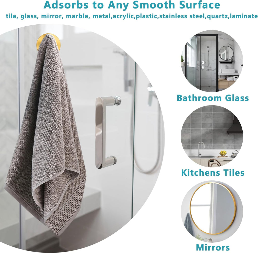 Suction Cup Hooks for Shower,Wreath Hanger for Front Door,Removable No Drill Waterproof Towel Loofah Hook,Upgraded 15 lbs Strong Suction Metal Hooks for Bathroom,Wall,Garland Glass Door-Gold 2 Pcs