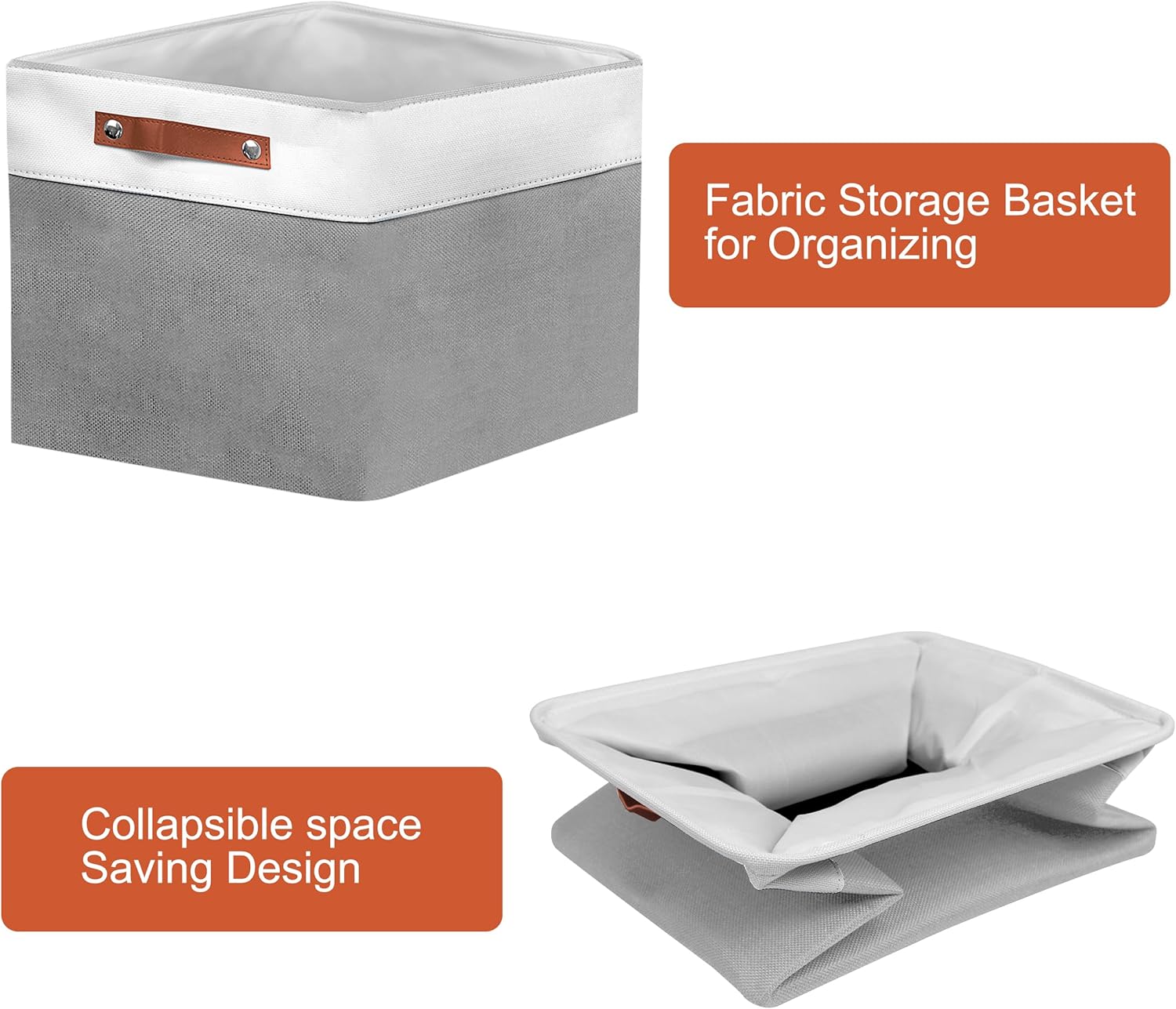11in Open Fabric Storage Basket with Leather Handles for Organizing, Collapsible Linen Closet Bins for Shelves, Closets, Laundry, Decorative Basket for Gifts. (White＆Gray, 3PCS/11x11in)