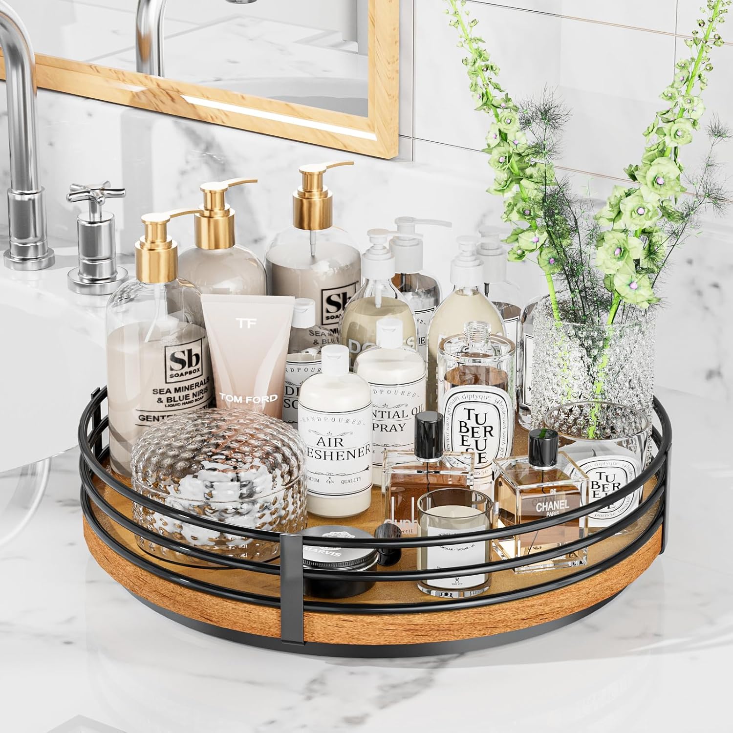 13" Lazy Susan Turntable Organizer - Wood Round Lazy Susan for Cabinet Kitchen Countertop Pantry Cupboard Dining Table Bathroom Coffee Bar Spice Storage Home Decor