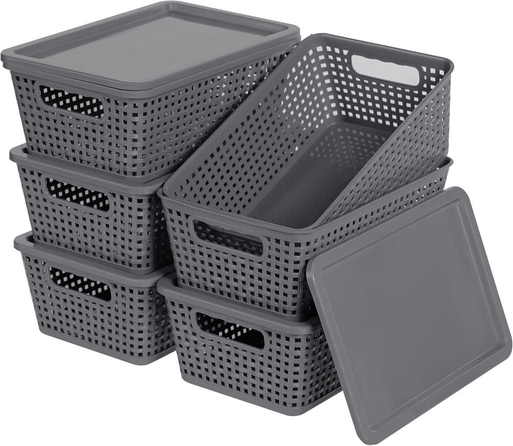 Plastic Storage Baskets With Lid, Storage Bins for Organizing, Stackable Decorative Containers for Shelves Drawers Desktop Closet Playroom Classroom Office, 6 Pack-Grey