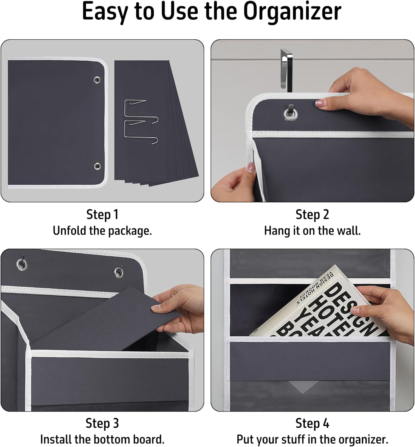 Over The Door Hanging Organizer with 4 Large Pockets – Closet, Bathroom, Nursery, Bedroom, Dorm Storage for Toys, Cosmetics, and Baby Essentials, Gray