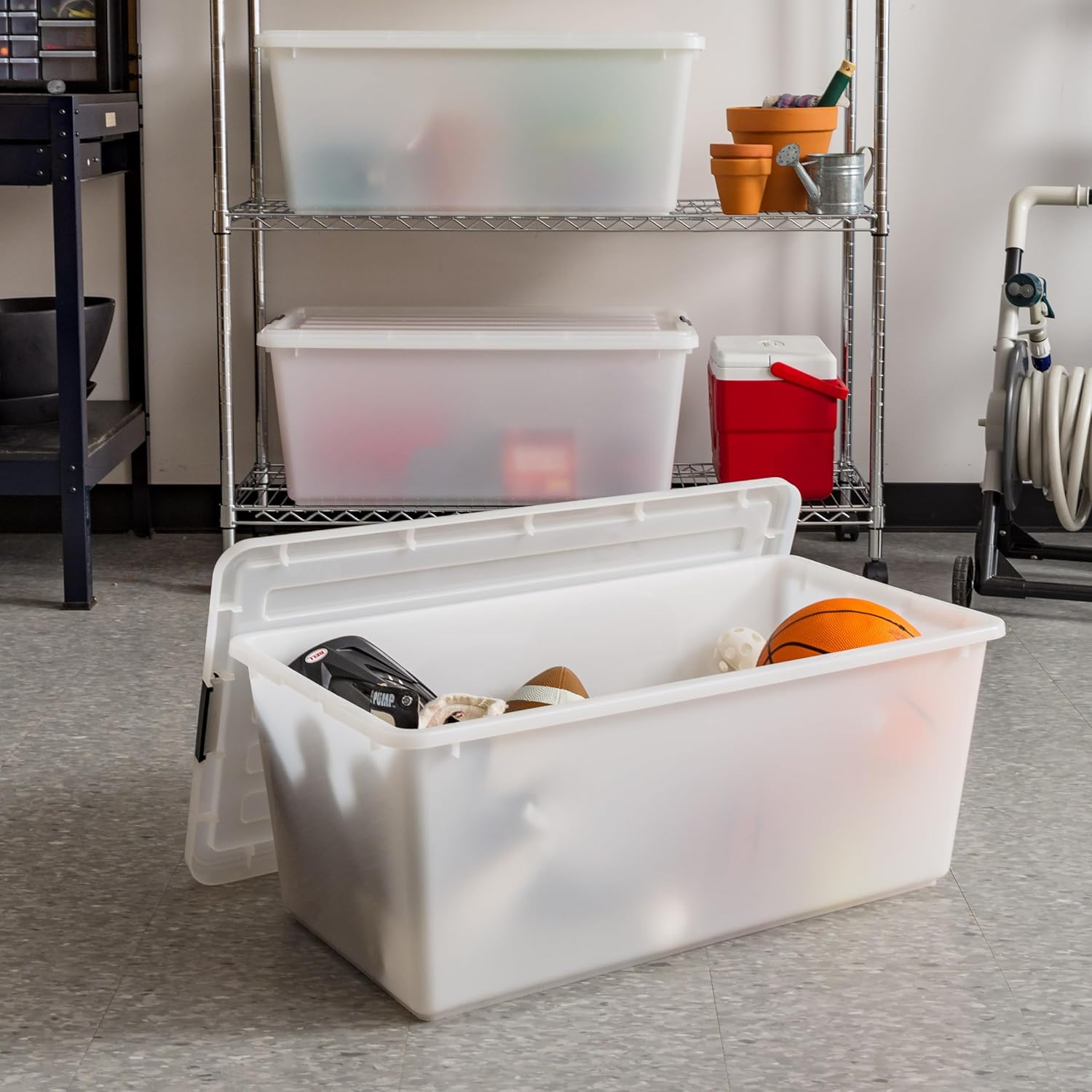 IRIS USA 91 Qt Stackable Plastic Storage Bins with Lids, 4 Pack - BPA-Free, Discreet Organizing Solution, Latches, Durable Nestable Containers, Secure Pull Handle, Made in USA - Pearl