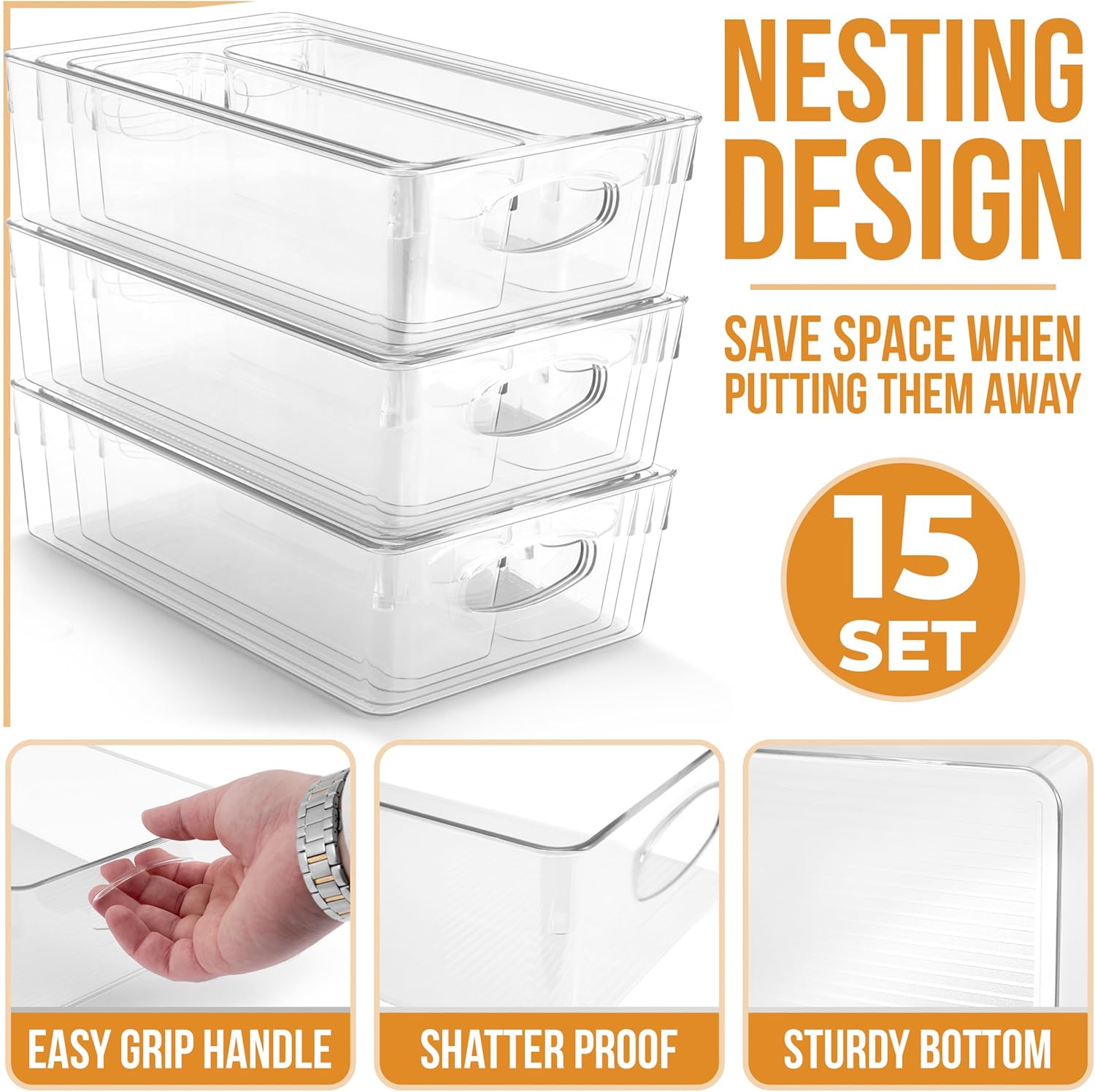 Sorbus Clear Plastic Storage Bins for Organizing, 15 Pack Clear Organizer Bins with Handles, Plastic Storage Bins for Closet, Pantry, Fridge, Medicine Cabinet Organizer, Shelves, Freezer, Drawer