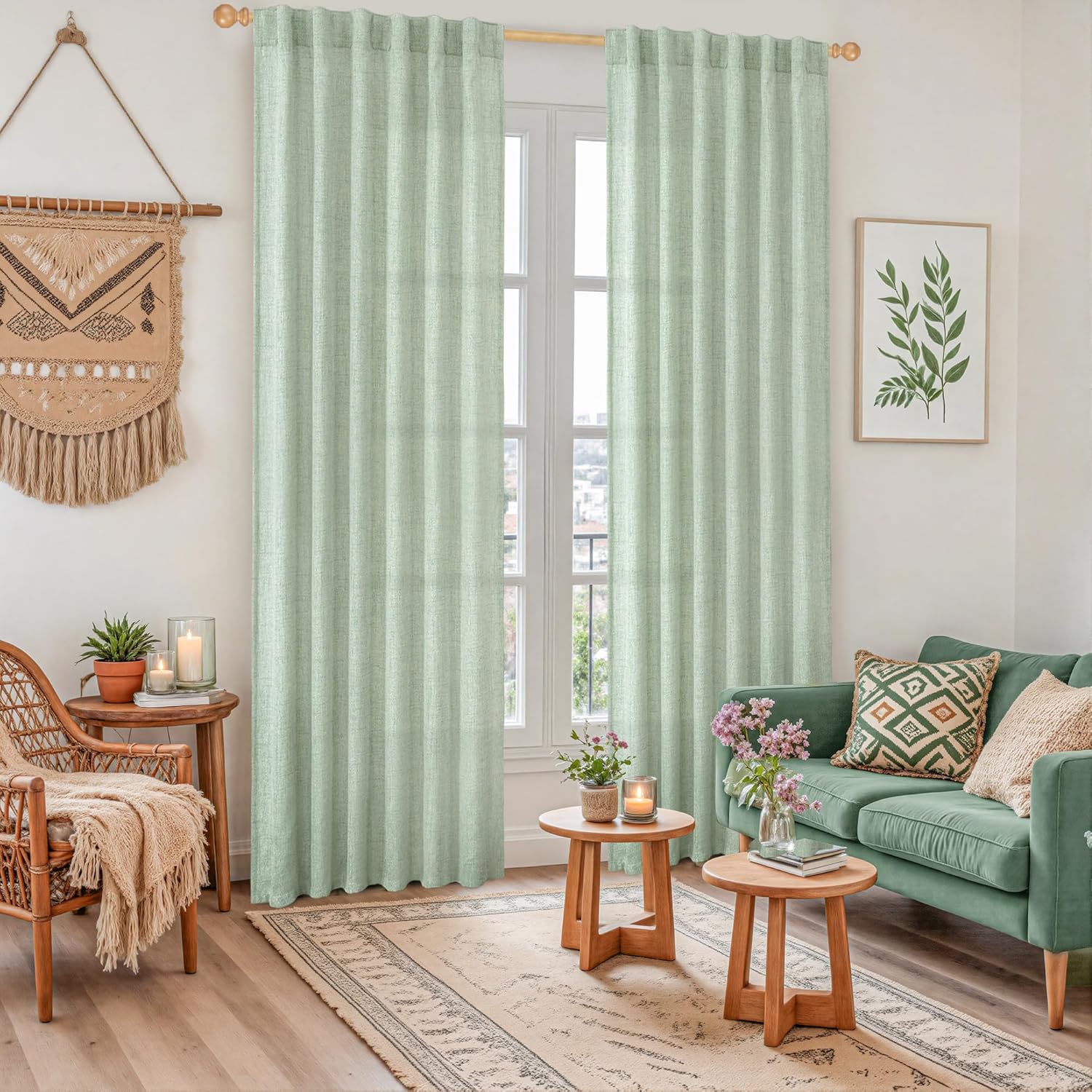 YoungsTex Light Green Linen Semi Sheer Curtains 84 Inch Length 2 Panels for Living Room, Sage Boho Light Filtering Drapes with Back Tab Rod Pocket Window Treatments for Dining Bedroom, 52 X 84 Inch