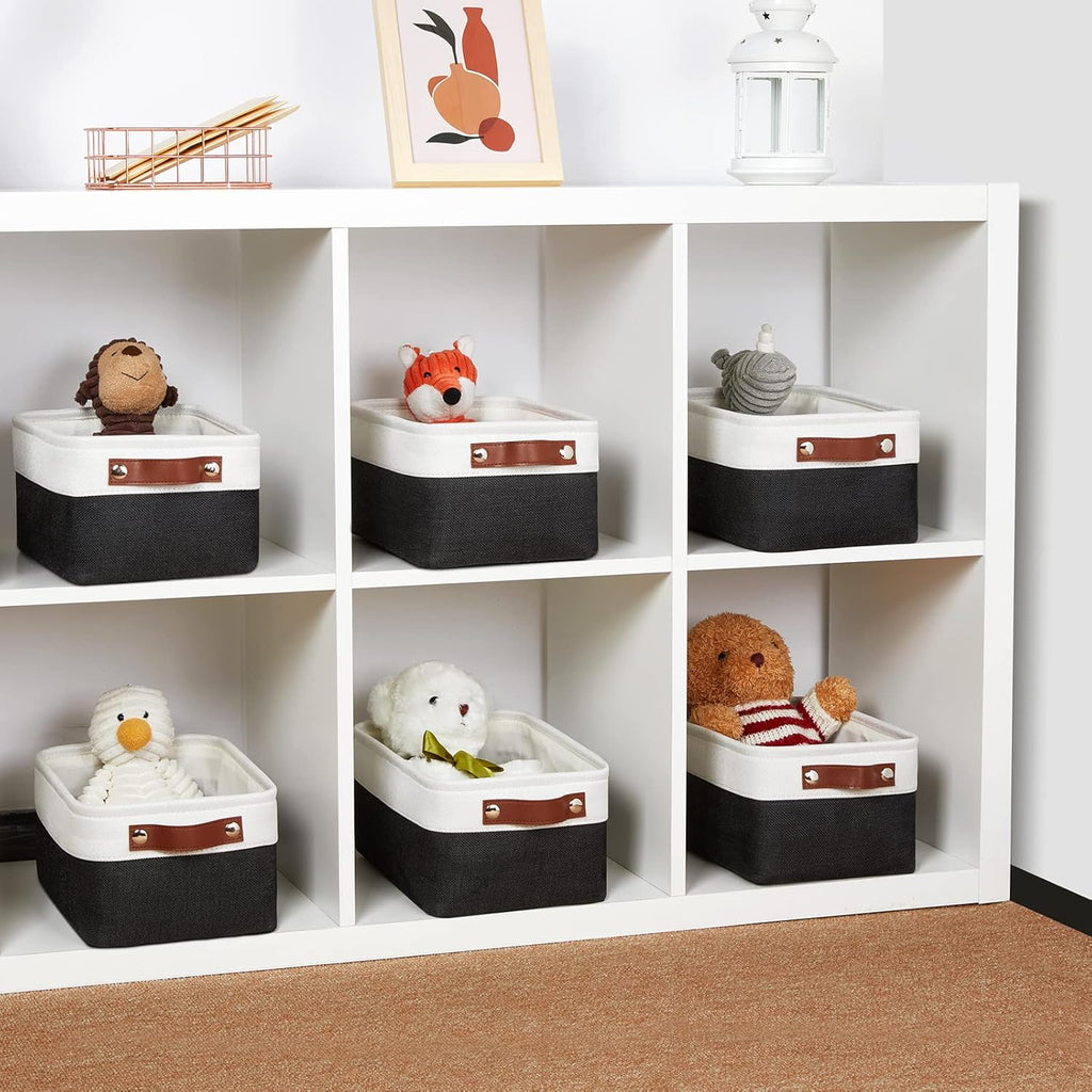 DULLEMELO Small Storage Baskets 6 Pack, Fabric Collapsible Gift Storage Baskets for Shelves, Closets, Nursery, Home, Office Organizing,Small Canvas Linen Rectangular Storage Bins (White&Black)