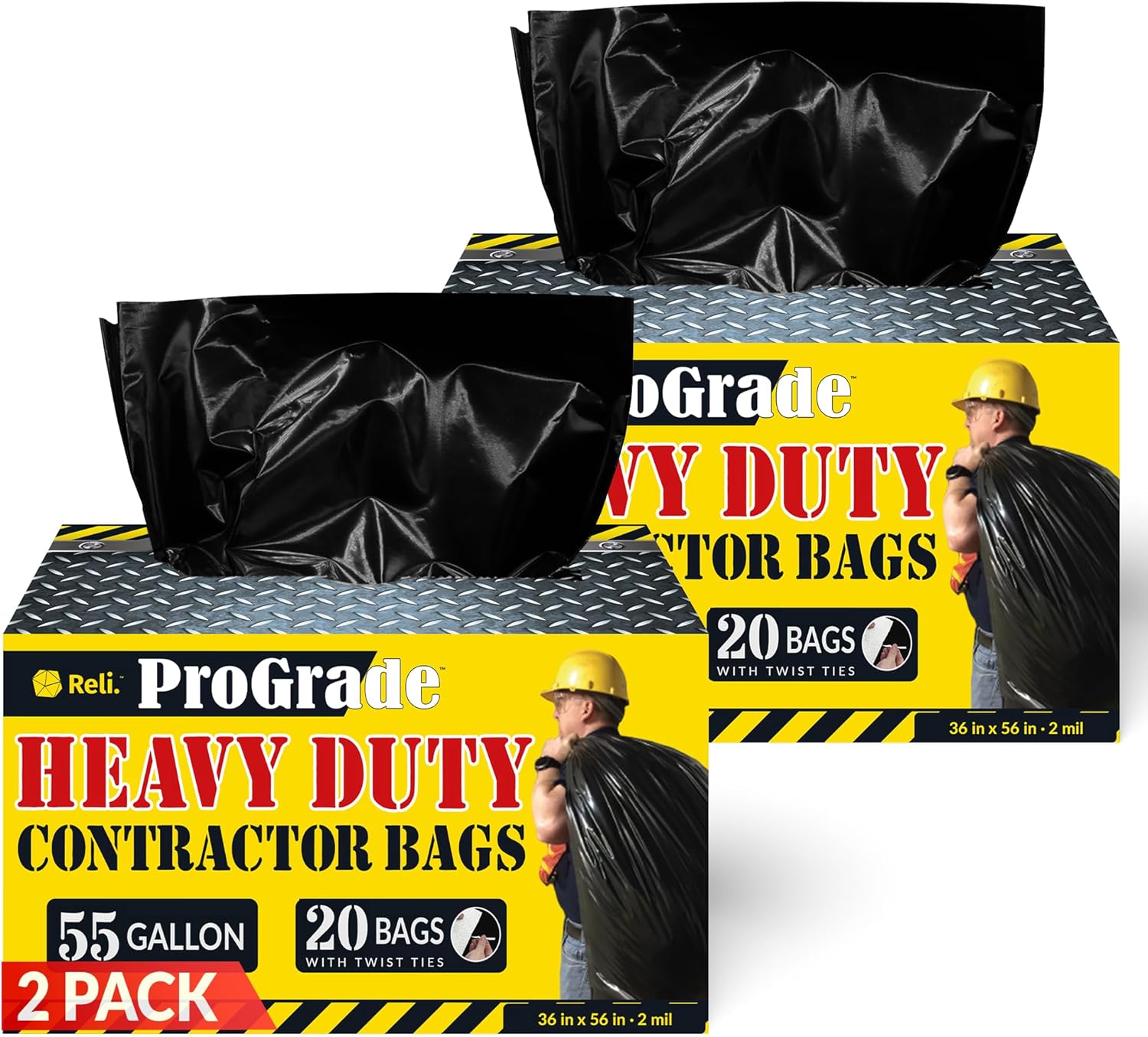Reli. Contractor Garbage Bags 55 Gallon | 40 Trash Bags | Heavy Duty | Black Contractor