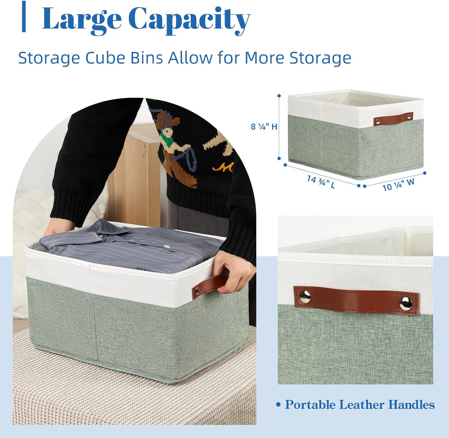 Temary Storage Bins Storage Baskets 4Pack Fabric Storage Bins for Shelves with Dual Leather Handles Canvas Storage Boxes for Organizing Home, Shelf, Closet (White&Green)