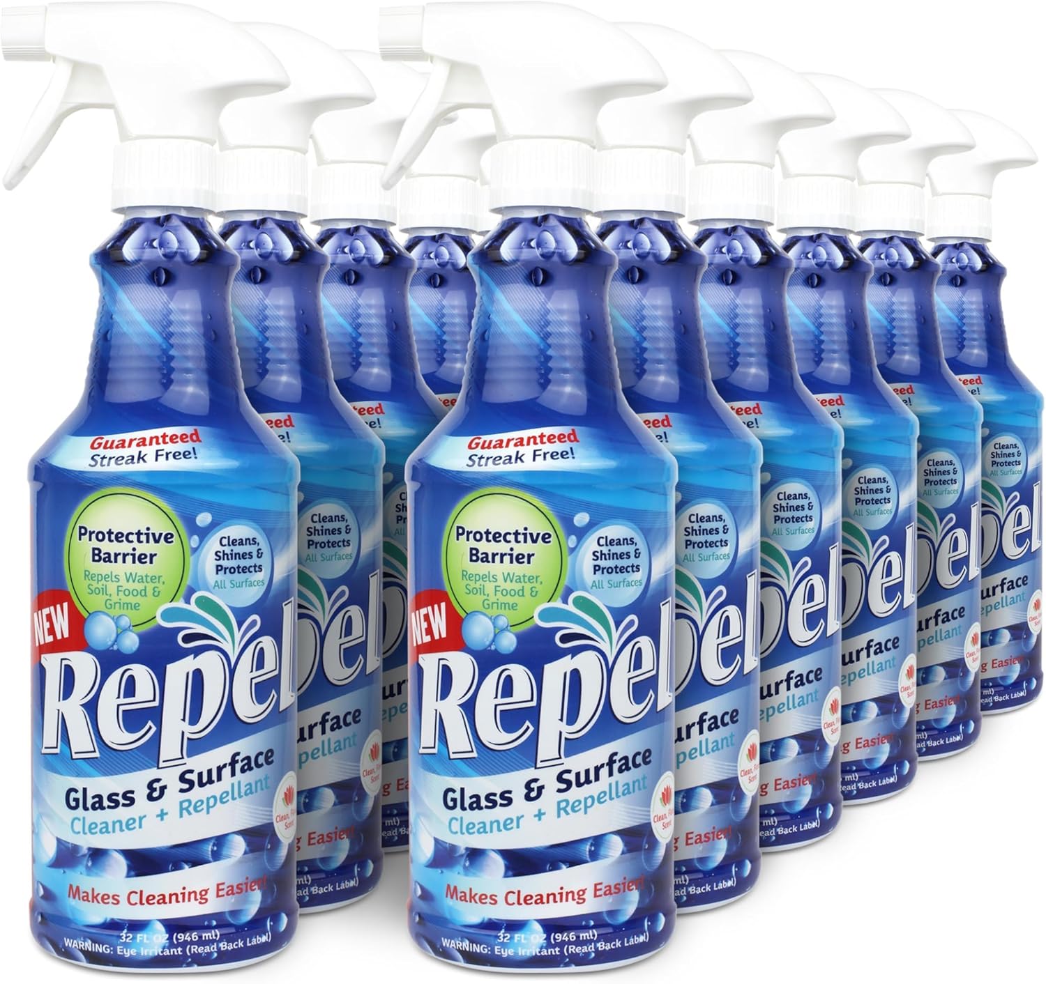 Clean-X New REPEL Glass and Surface Cleaner with Barrier Technology- 32 fl. oz. – 12 Pack Cleans and repels water and soil- Professional Cleaners by UNELKO Pro