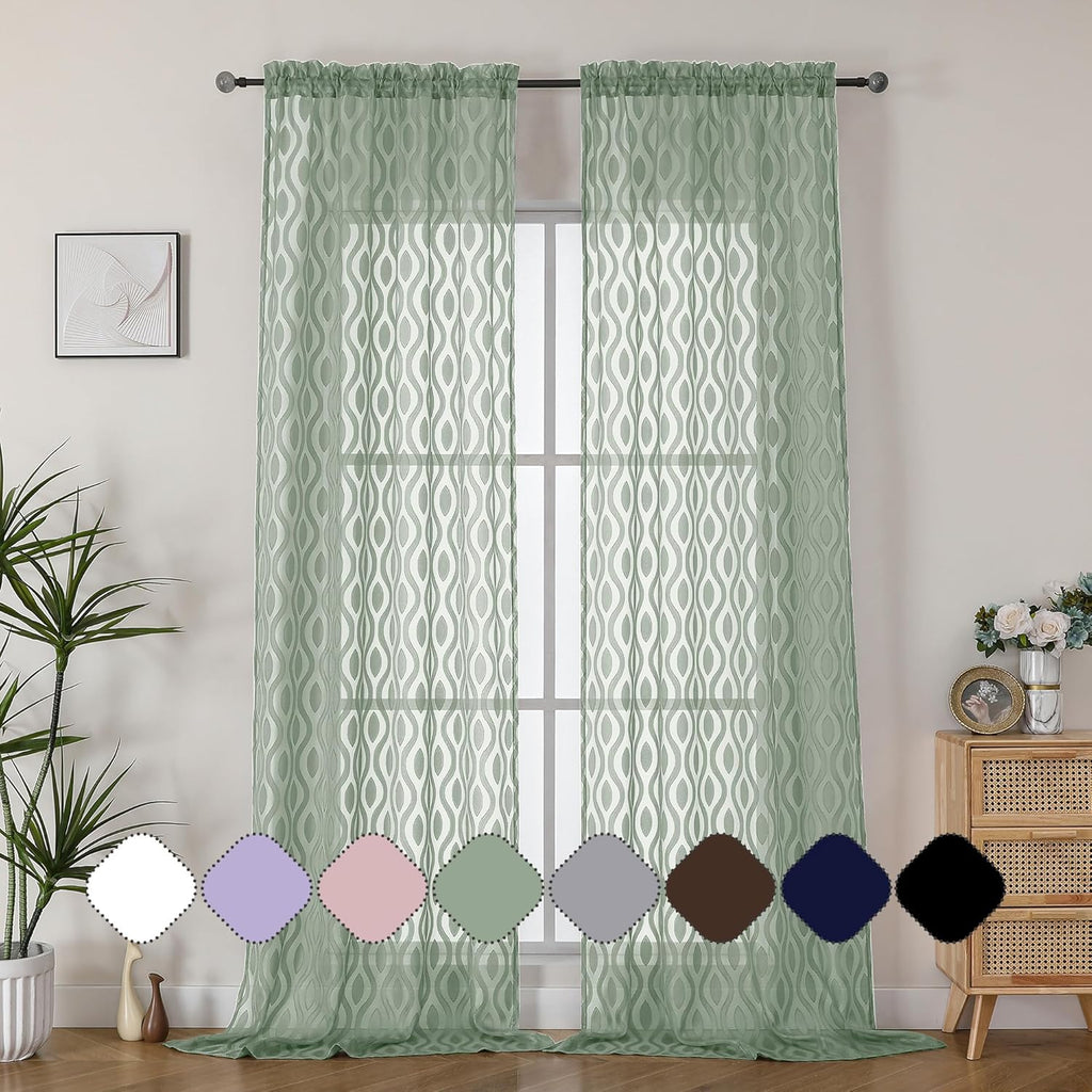 Aiyufeng Sheer Curtains 96 Inches Long for Bedroom and Living Room, 2 Panels, Farmhouse Wavy Line Light Filtering Clip Jacquard Solid, Rod Pocket, Sage Green, 40"Wx96"L