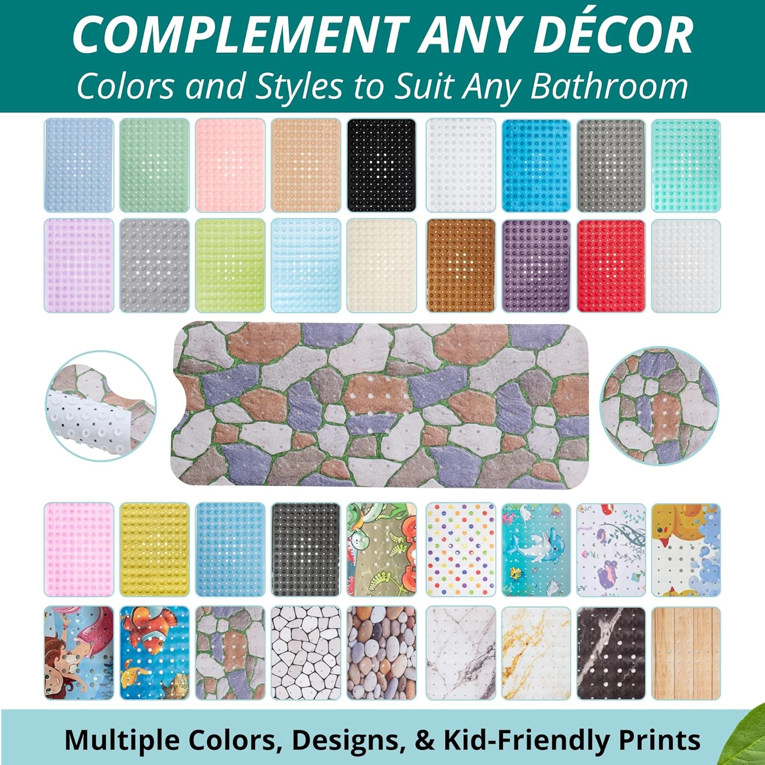 ENKOSI Bath Mat – Large 40 x 16 Inch Non-Slip Bathtub Mat with Secure Suction Cups & Drain Holes – Extra Long Bathroom Shower Mat for Tub with Stone Path Design (40x16 Stone Path)