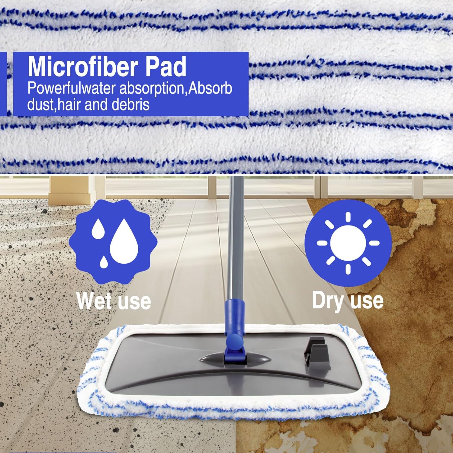 MASTERTOP Microfiber Mops for Floor Cleaning, Extra Large Industrial Mop,Floor Commercial Mop for Wet & Dry Use, Flat Mops for Hardwood, Vinyl, Laminate, Tile Floors, 5 Reusable & Washable Pads