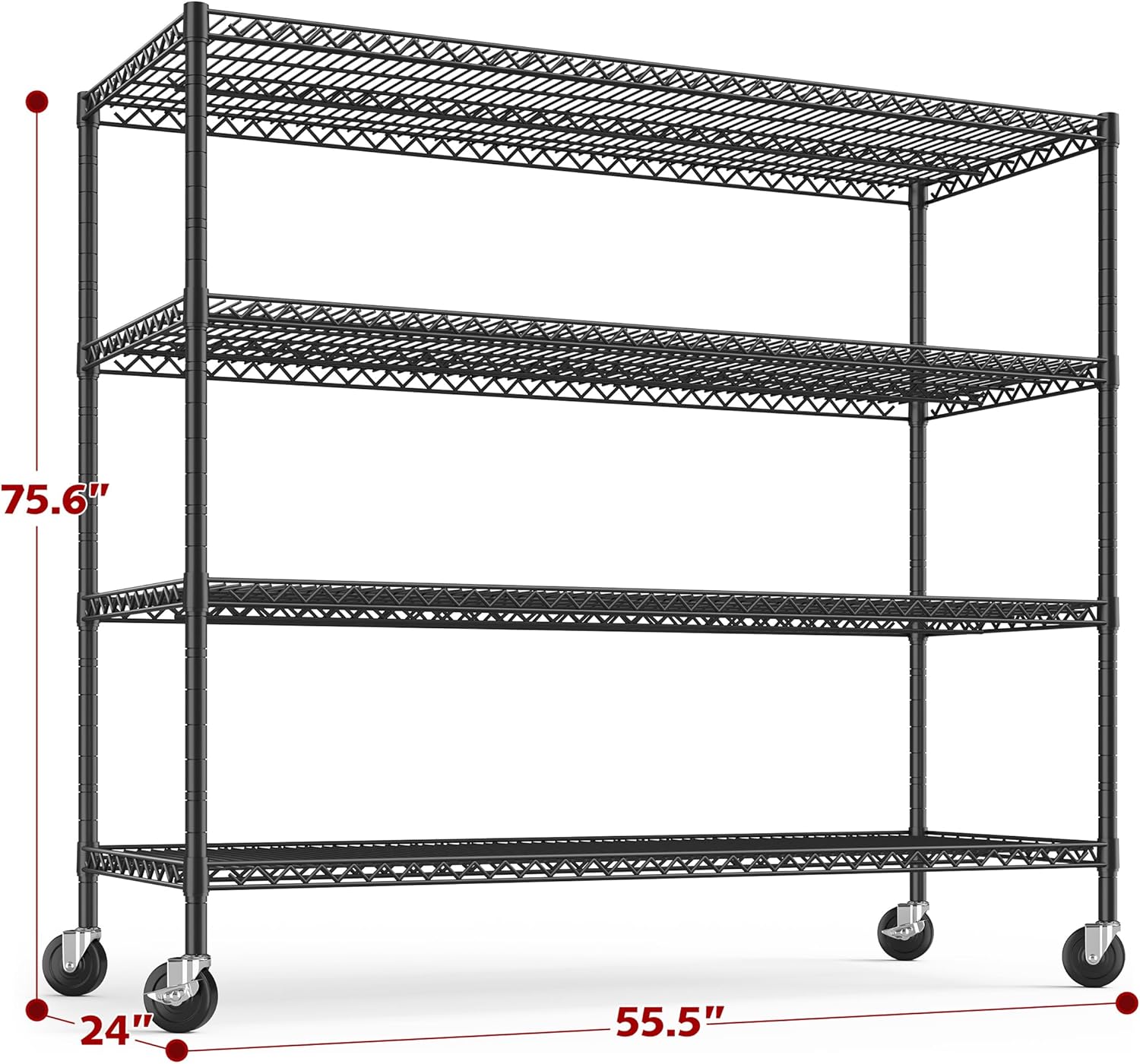 REIBII 55.5''W Heavy Duty Metal Shelves with Wheels - 4PCS Adjustable Garage Storage Rack, 75.6" H X 55.5''W X 24" D
