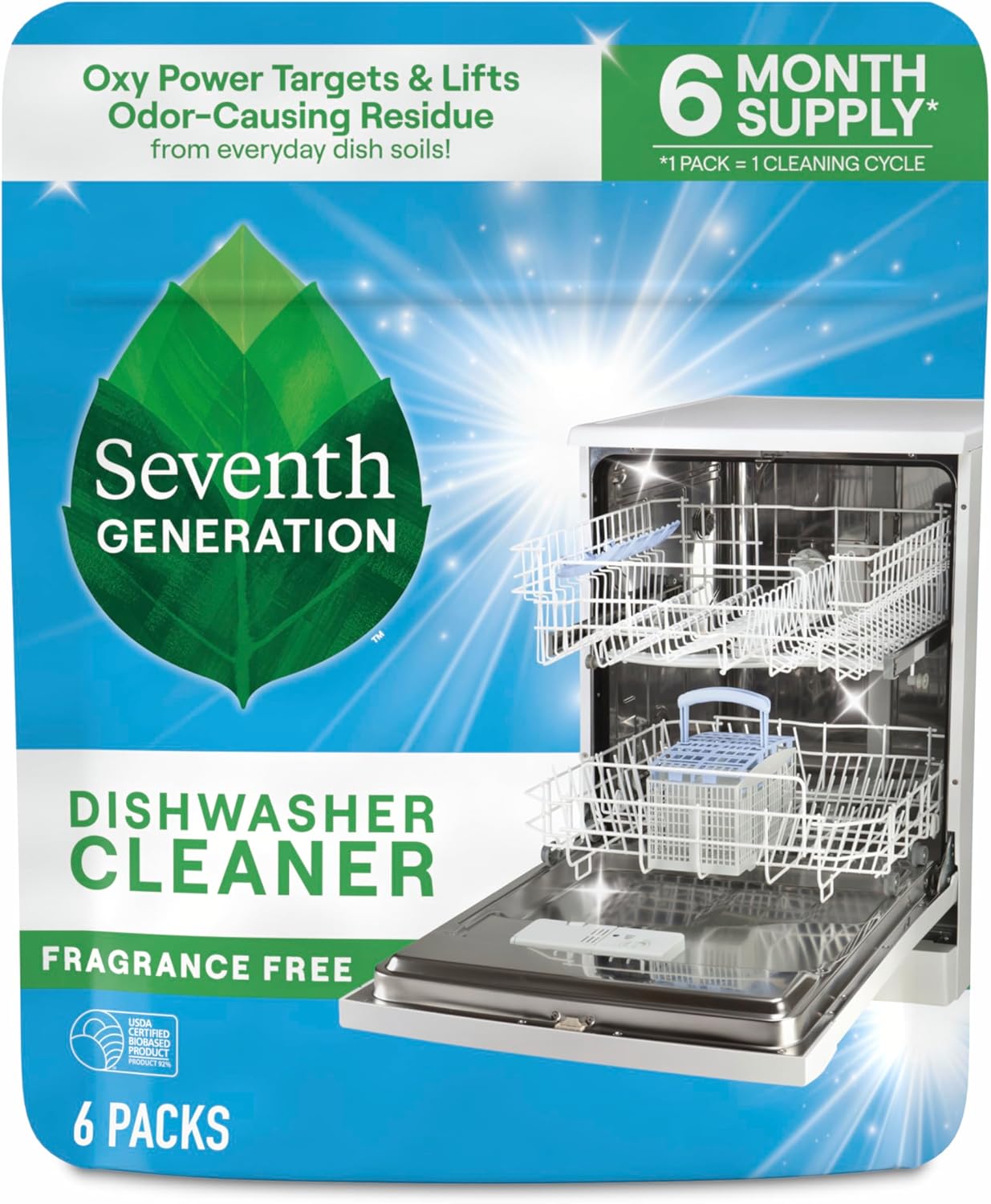 Seventh Generation Dishwasher Cleaning Packs 6 Count Free & Clear Removes odor-causing residue Powered by oxy power