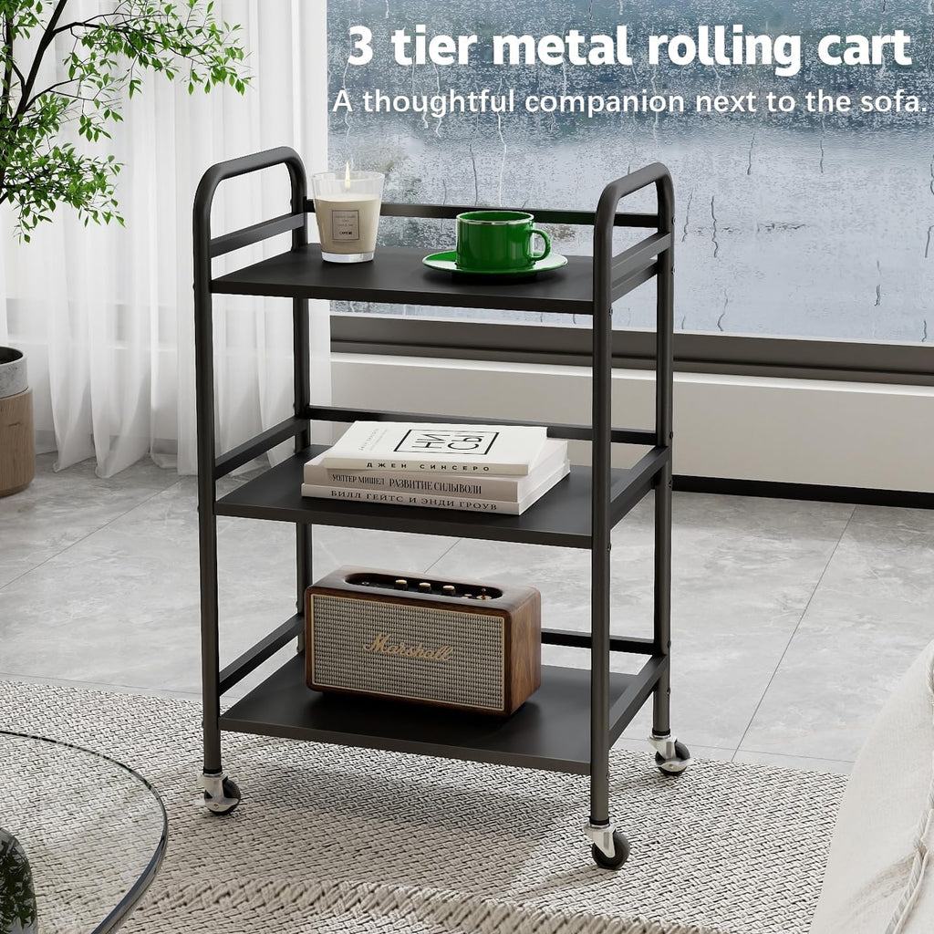 HDANI 3 Tier Rolling Cart Shelves,Heavy Duty Multifunctional Metal Frame-Supports 22 Lbs Per Tier,Rolling Cart with 2 Lockable Wheels for Home,Office,Kitchen,Bathroom,Bedroom (Black)…