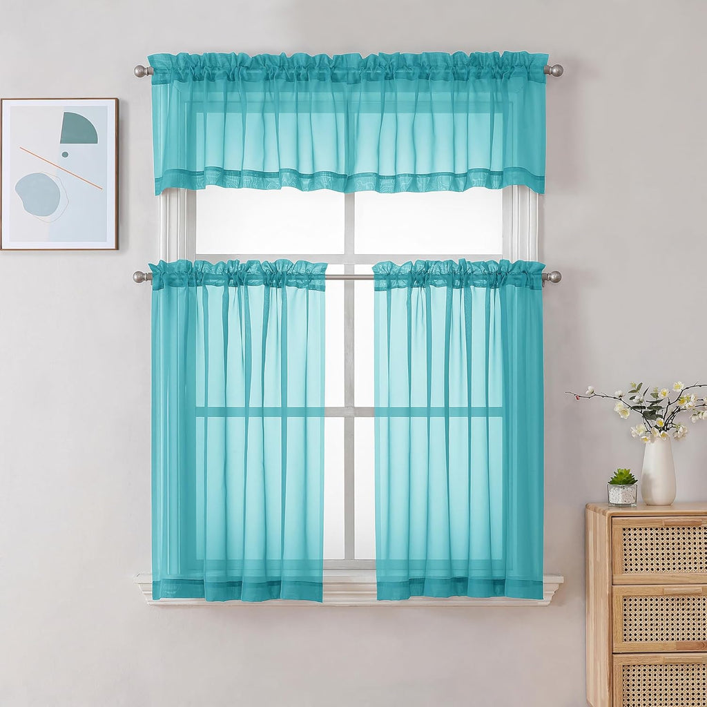 Chyhomenyc Turquoise Sheer Curtains 36 inch Length 2 Panels, Light Filtering Voile Rod Pocket Short Window Curtians for Bathroom Living Room Farmhouse Small Windows, 42Wx36L inches