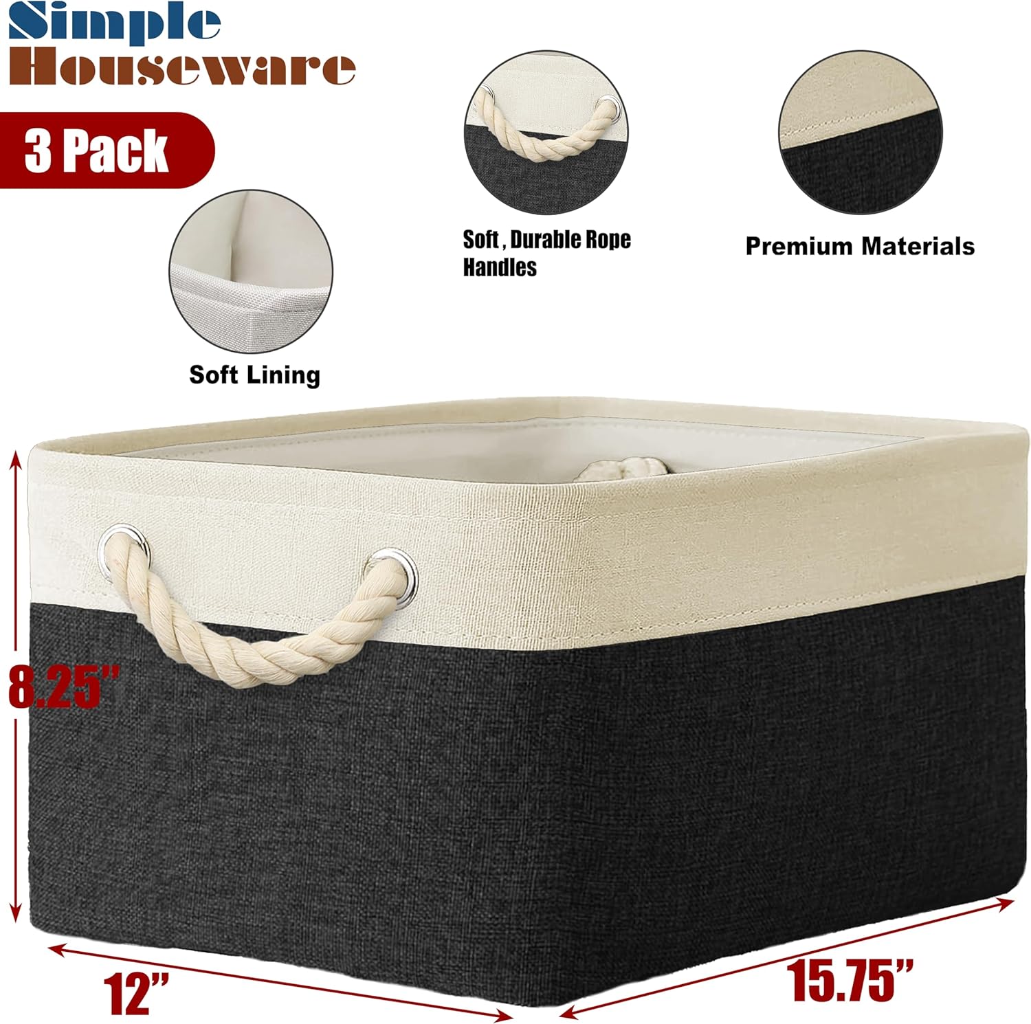 SIMPLE HOUSEWARE Large Fabric Storage Bin, 15.7" x 12" with Braided Handles, 3 Pack, Black