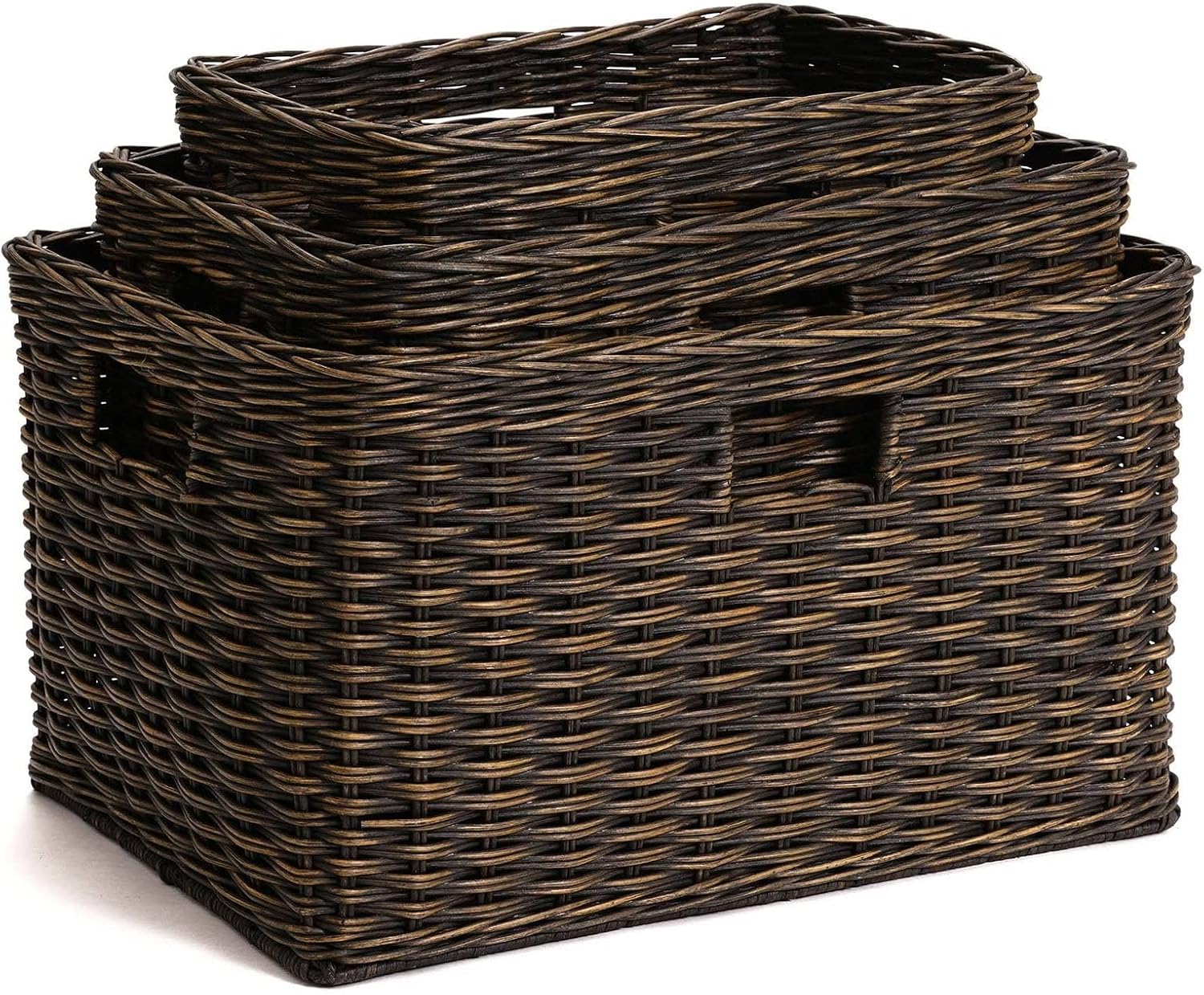 The Basket Lady Tall Rectangular Wicker Storage Basket, Small, 16.5 in L x 10.5 in W x 10.5 in H, Antique Walnut Brown