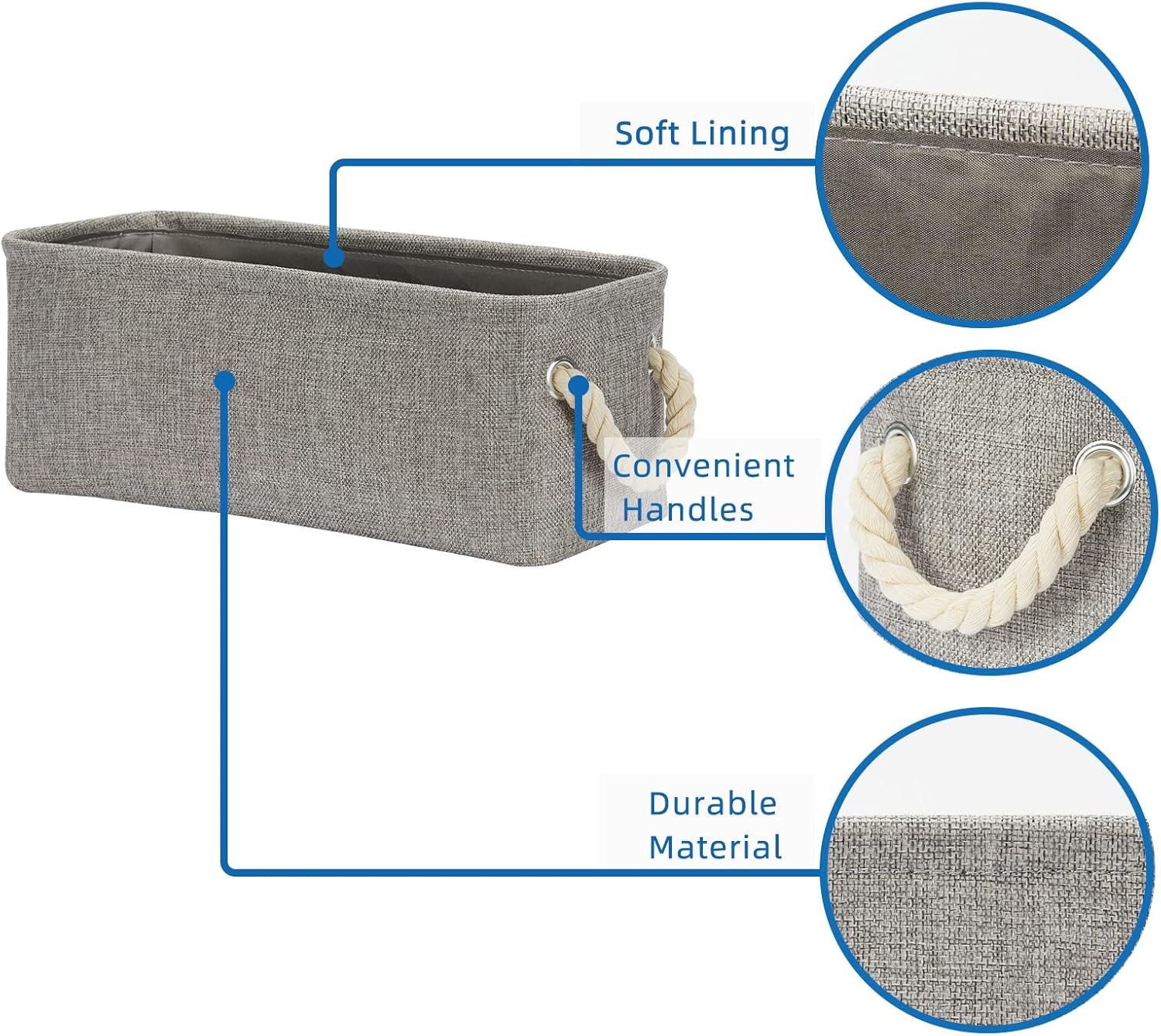 Temary Small Storage Baskets for Organizing, Narrow Baskets for Storage Toilet Paper Rolls, Fabric Baskets with Handles for Closets, Cabinets, Shelves (Grey, 15Lx6Wx5.5H Inches)