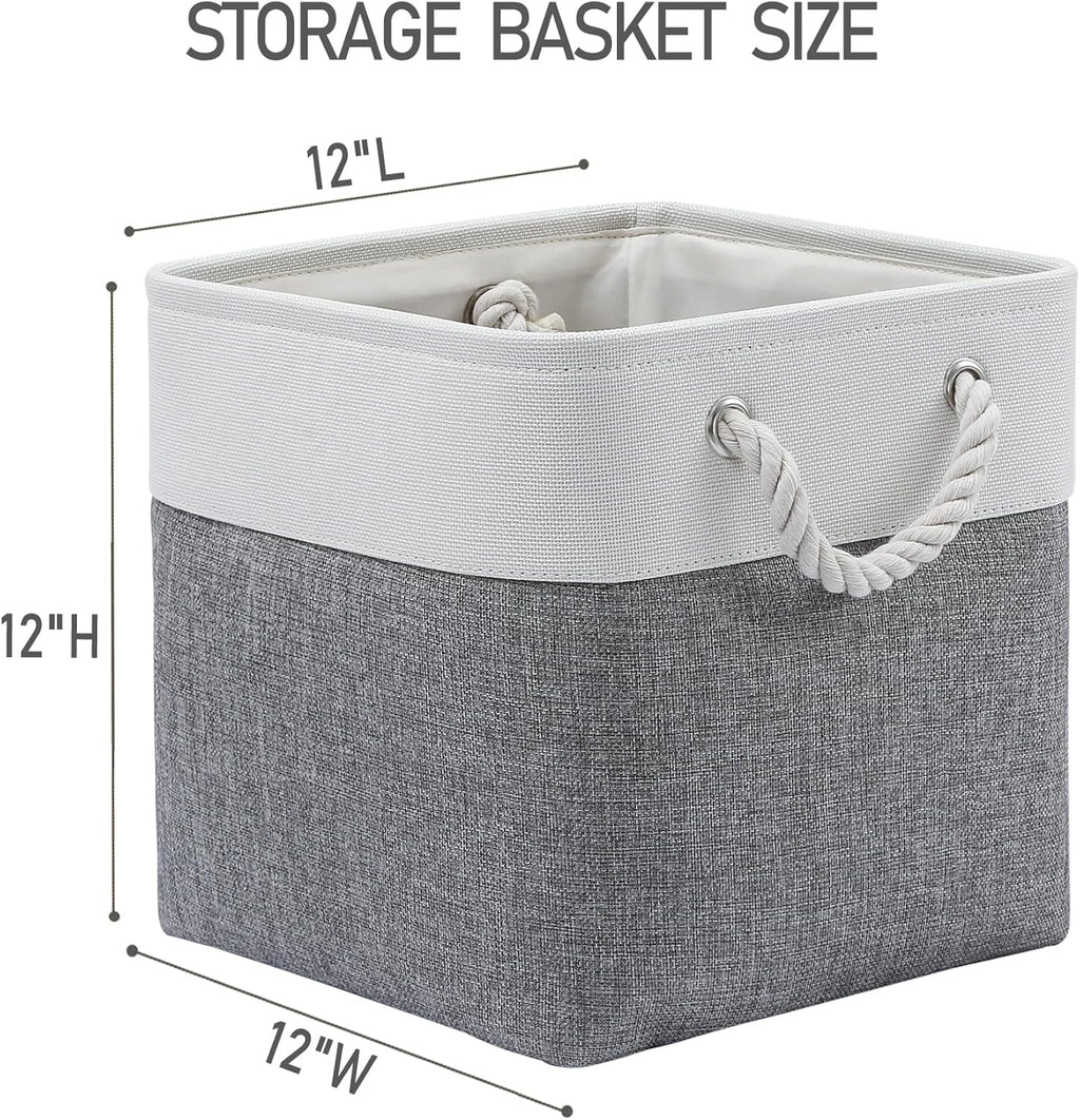 12 x 12 Inch Cube Storage Bins, 6 Pack Large Collapsible Fabric Storage Bin with Ropes, Foldable Storage Cubes for Home, Office,Closet, Clothes, Toys Organizer (White & Grey)