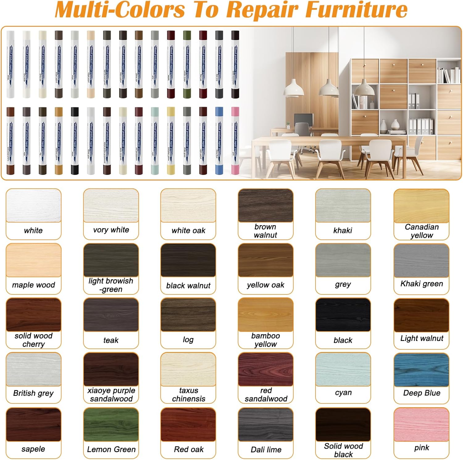 30+2P Wood Filler Sticks, Windspeed 30 Colos Wood Filler Putty Wax Crayons Furniture Repair Kit Putty Stick for Baseboard Cabinets Furniture Floors(with 2 Scrapers)