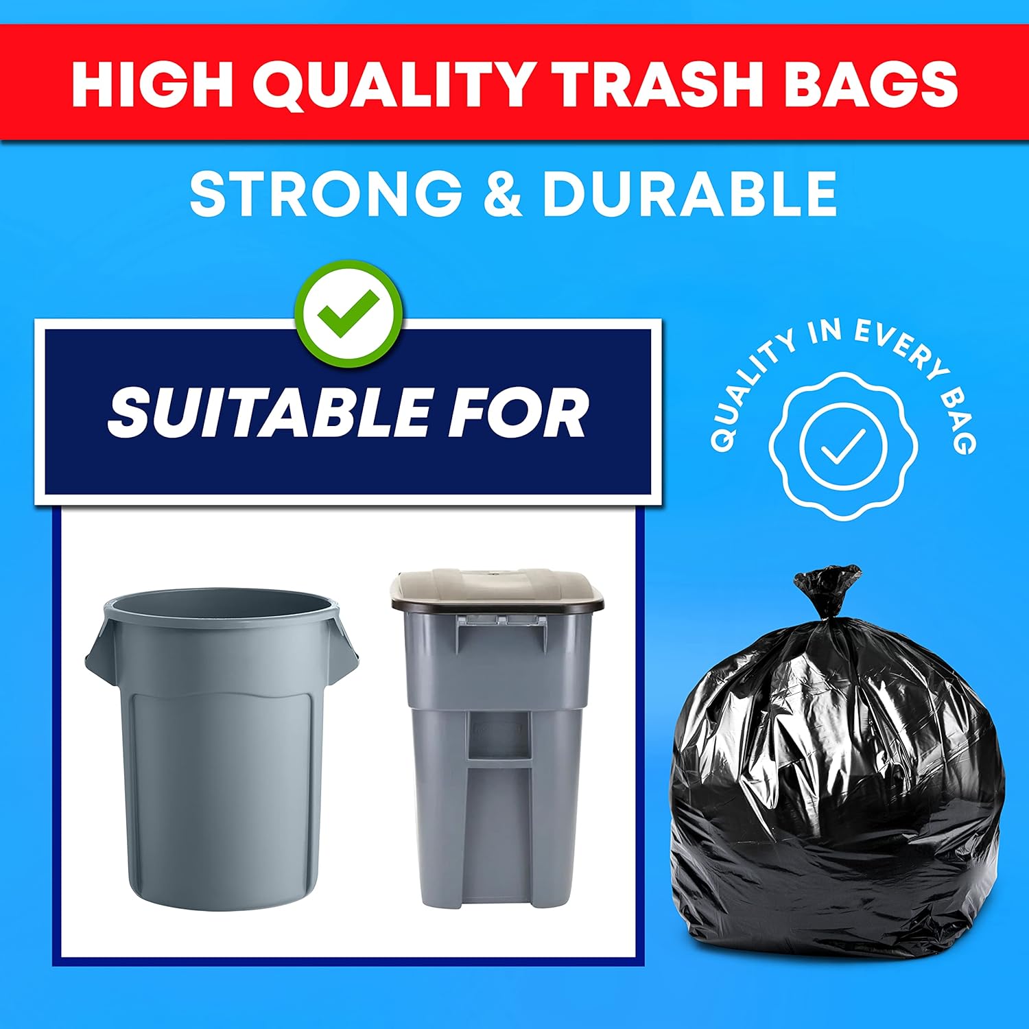 Tasker 65 Gallon Trash Bags Heavy Duty | 50 Count with Ties | Extra Large 64 Gallon Trash Bags for Toter | Garbage Bag 65 Gallon Trash Can Liners