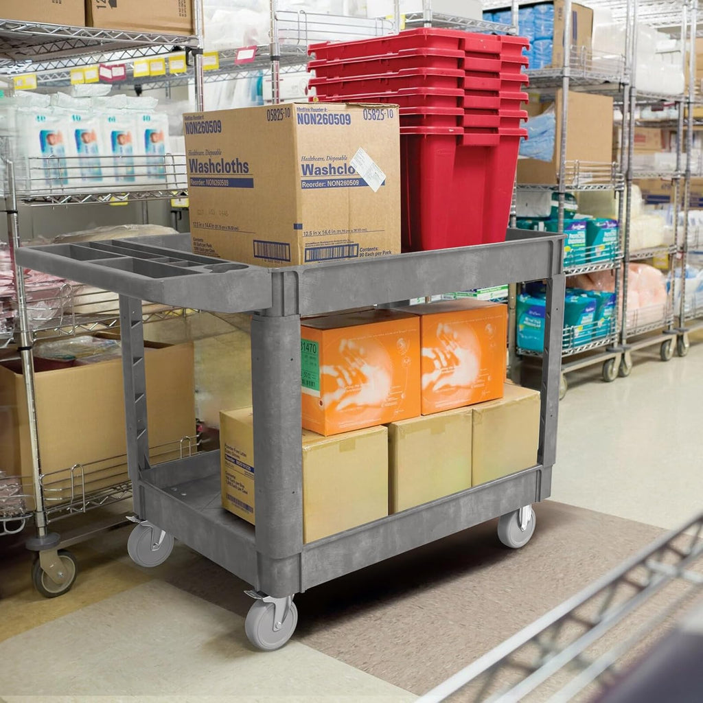 Utility Cart on Wheels, 1000 lbs Capacity Rolling Service Cart, 45 x 25 Inch Work Carts, 2 Shelf Heavy Duty Plastic Tool Cart, Lipped Shelves, for Warehouse, Garage, Cleaning, Gray