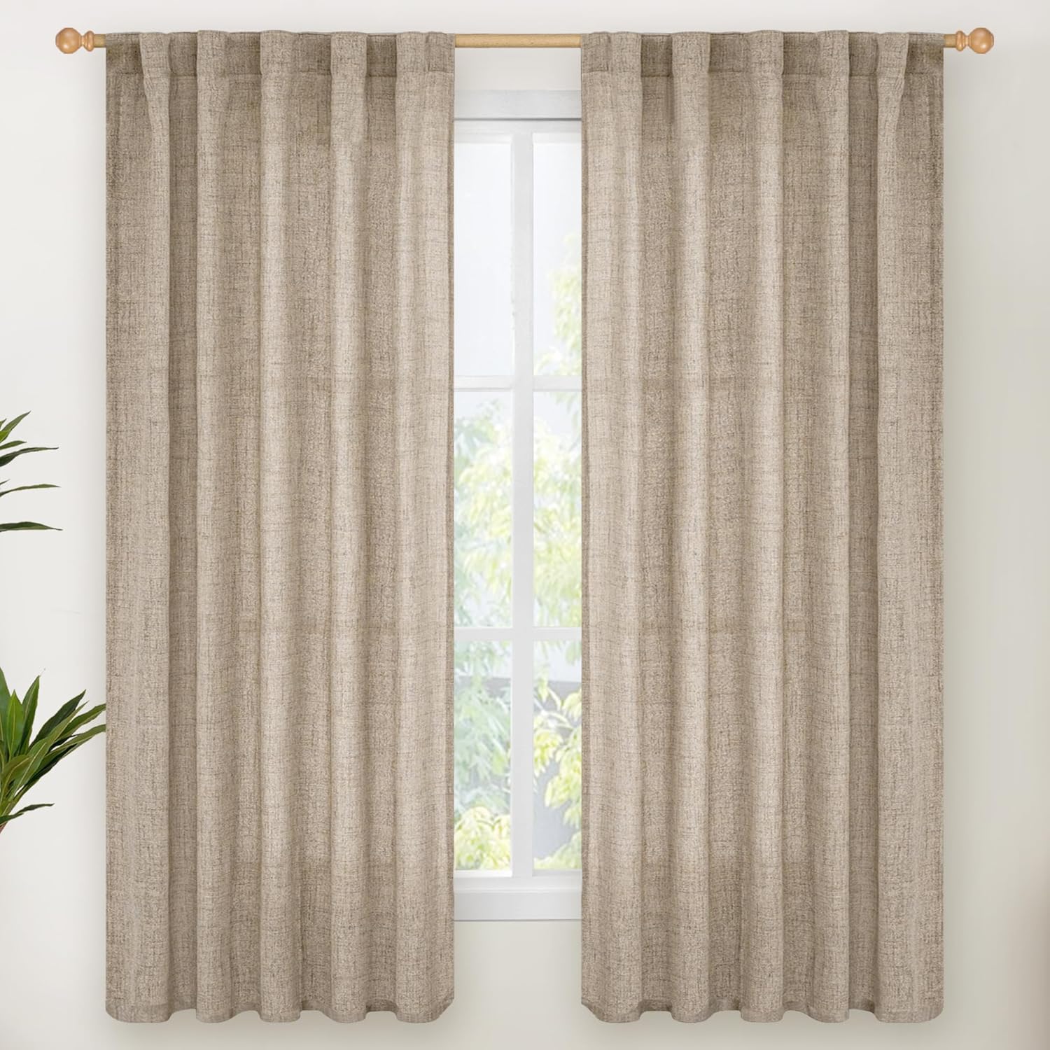 YoungsTex Dark Oatmeal Linen Curtains 63 Inch Length for Living Room, Semi Sheer Short Window Drapes Light Filtering Rod Pocket Back Tab Curtain for Bedroom, 2 Panels, 38 X 63 Inch