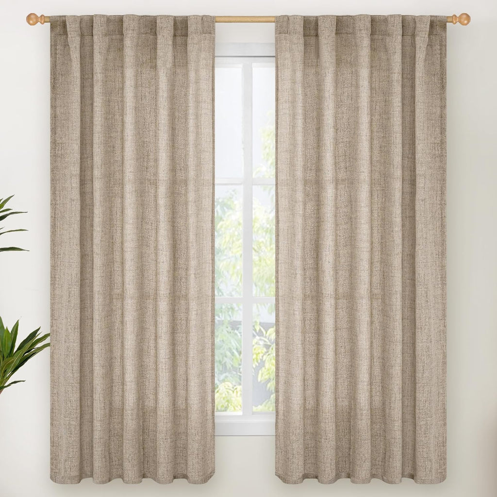 YoungsTex Dark Oatmeal Linen Curtains 63 Inch Length for Living Room, Light Filtering Semi Sheer Window Drapes Rod Pocket Back Tab Curtain for Bedroom, 2 Panels, 42 X 63 Inch