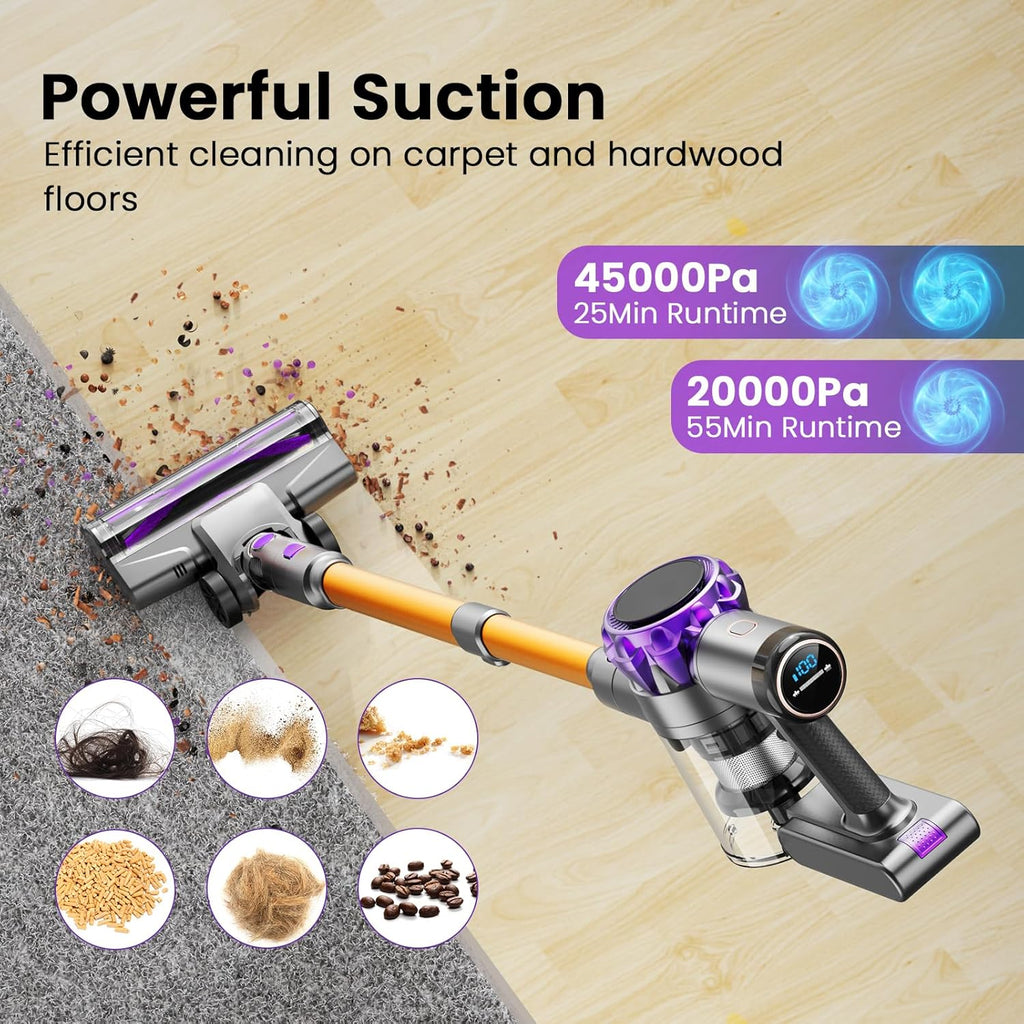 S3P Cordless Vacuum Cleaner, 45kPa Powerful Suction Vacuum Cleaners for Home, 55-Min Runtime Rechargeable Stick Vacuum, Self-Standing, for Pet Hair Carpet Hard Floor, LED Display