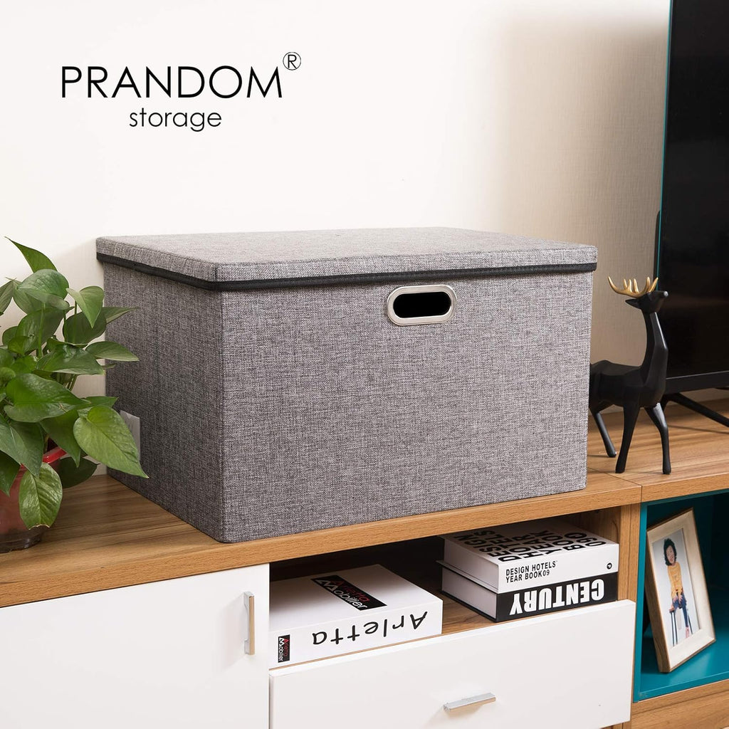 PRANDOM Extra Large Collapsible Storage Bins with Lids [3-Pack] Linen Fabric Foldable Storage Baskets Boxes Organizer Containers Cube with Cover for Bedroom Closet Office Nursery (22.8x15.75x13.8)
