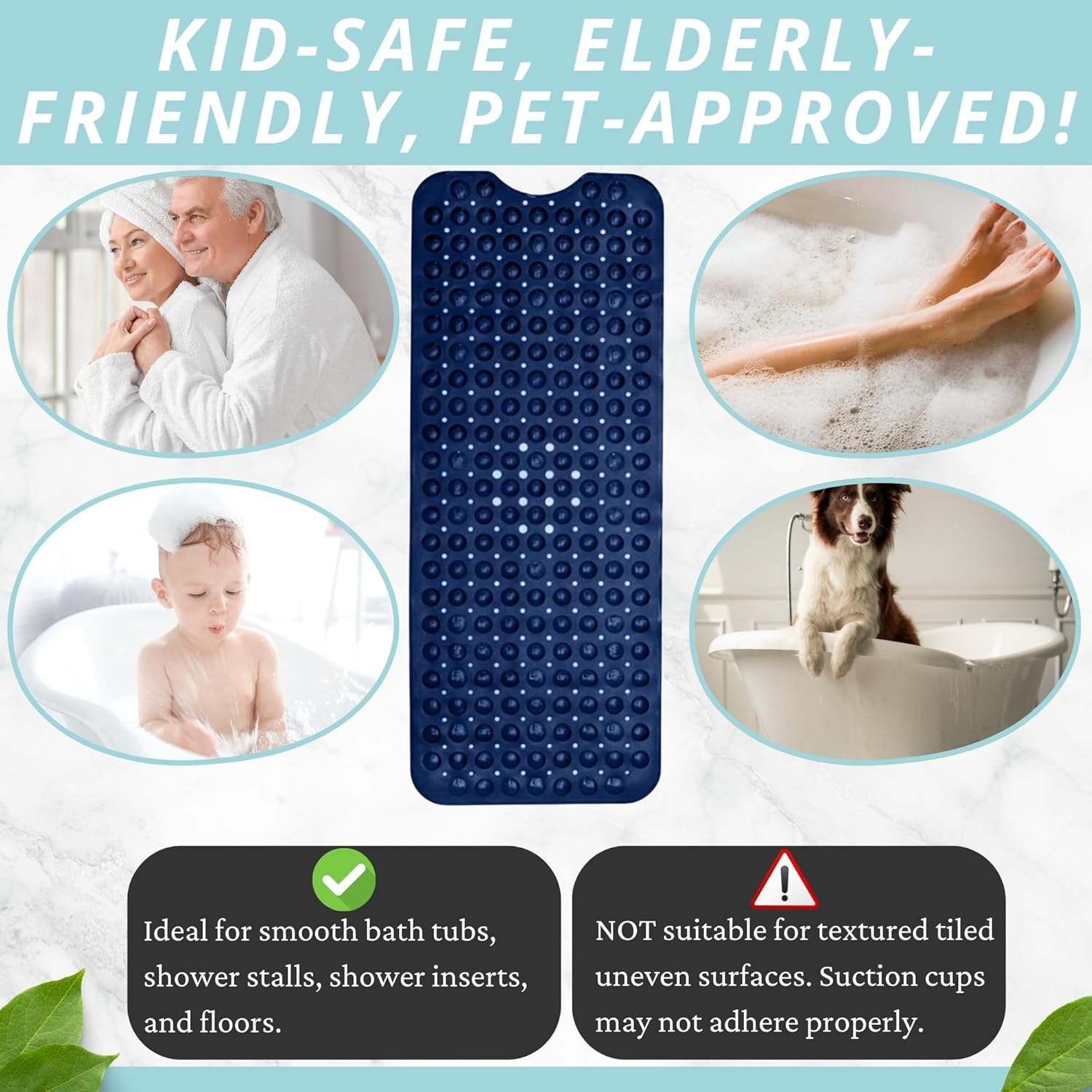 ENKOSI Bath Mat - Large Non Slip Bathtub & Shower Mat - Extra Long 40 x 16 Inch Bathroom Mats for Tub Nonslip Anti Slip Bathmats (40x16 Navy 1-Pack)