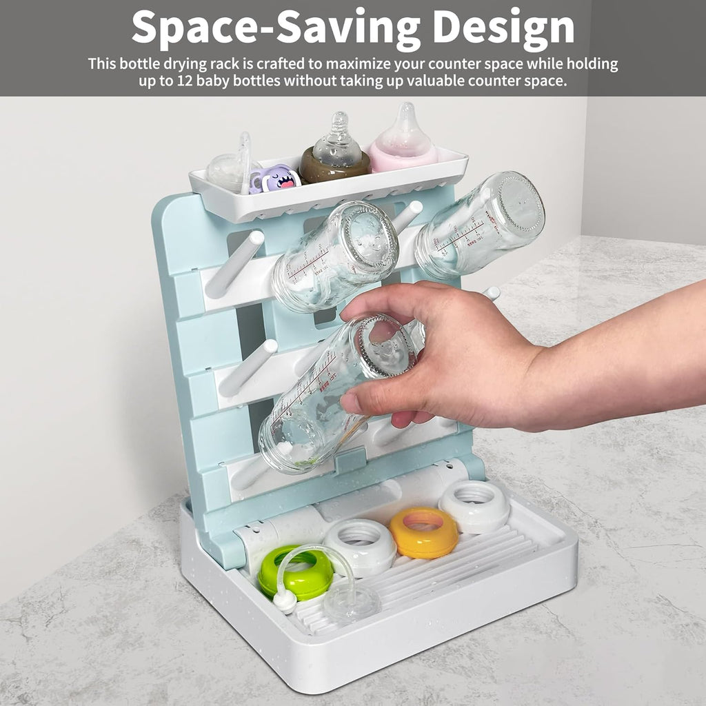 Baby Bottle Drying Rack, Vertical Standing Bottle Dryer Rack Holder-Space Saving Baby Bottle Drying Rack for Countertop-Holds Up to 12 Baby Bottles & Cup(Blue & White)