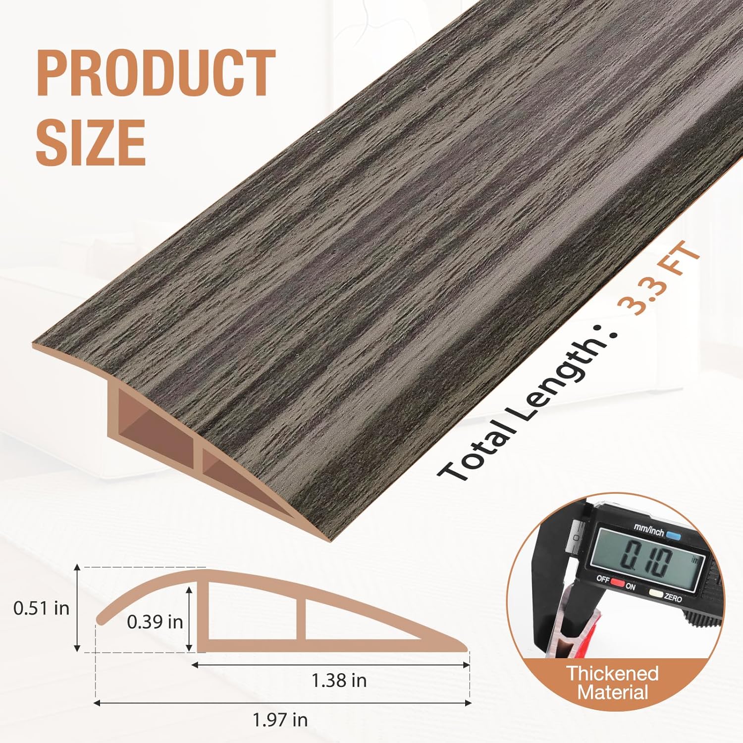 Floor Transition Strip Self Adhesive Vinyl Door Threshold for Doorways Carpet Edging Trim Overlap Edge Reducer for Laminate Floor, Carpet, Tile (Grayish Brown Wood Grain, 1/5" to 2/5", 3.3Ft)