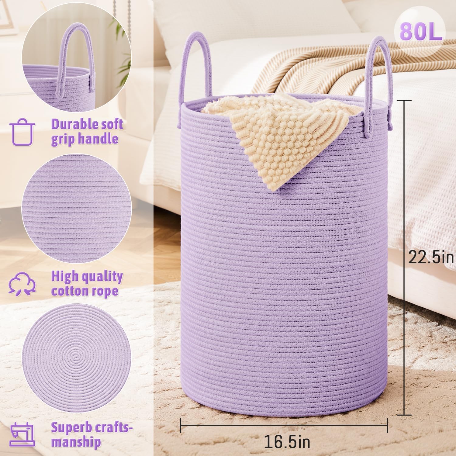 Laundry Basket,Woven Cotton Rope Laundry Hamper,80L for Decorative Storage of Dirty Clothes,Toys and Blankets in Bathroom,Baby Room and Living Room