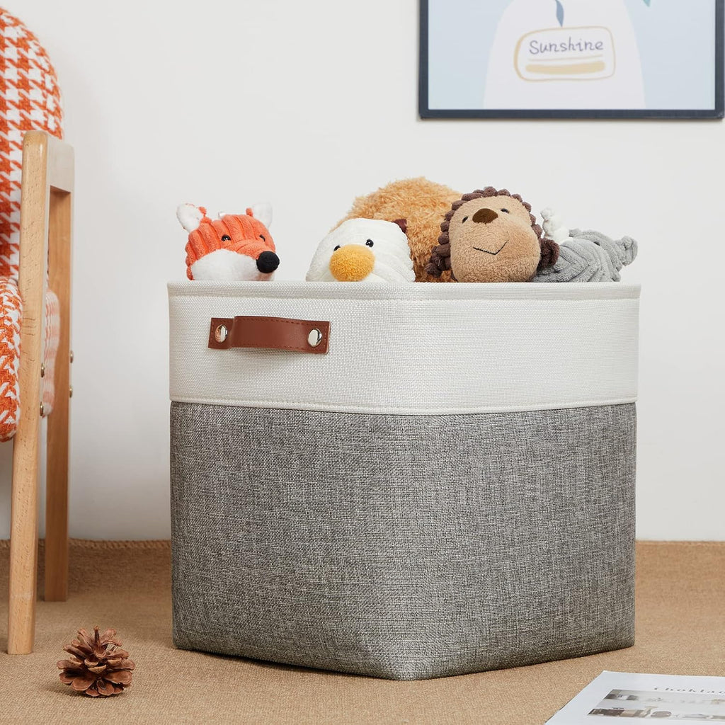 DULLEMELO [Set of 4 Storage Cubes Baskets for Organizing, 12 x 12 x 12 inch Cube Storage Organizer Bins with Leather Handles, Foldable Fabric Cloth Bins for Cube Storage(4 Pack - 12" White&Grey)
