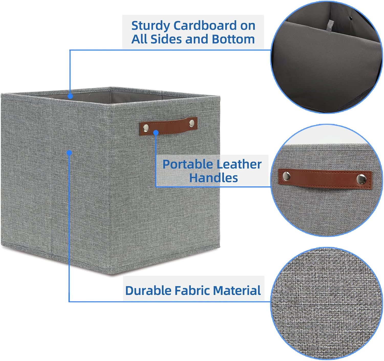 Temary 12x12 Storage Cube Bins 4 Pack Fabric Storage Cubes Storage Bins with Leather Handles, Storage Baskets Foldable Cube Organizers Bins for Home (Grey)