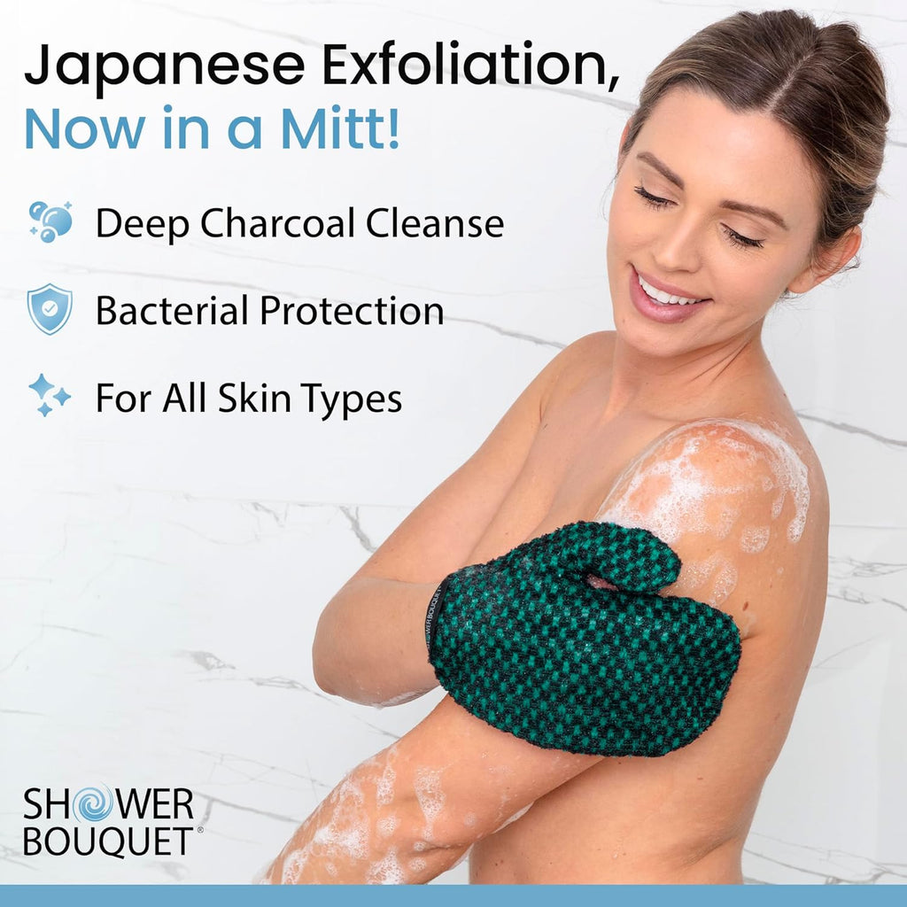 Japanese Exfoliating Mitt for Shower [Green] - Charcoal & Silver Ion Exfoliating Glove - Gentle Exfoliation & Deep Cleansing Shower Mitt - Exfoliating Body Scrubber Glove, Soft Fabric Inside