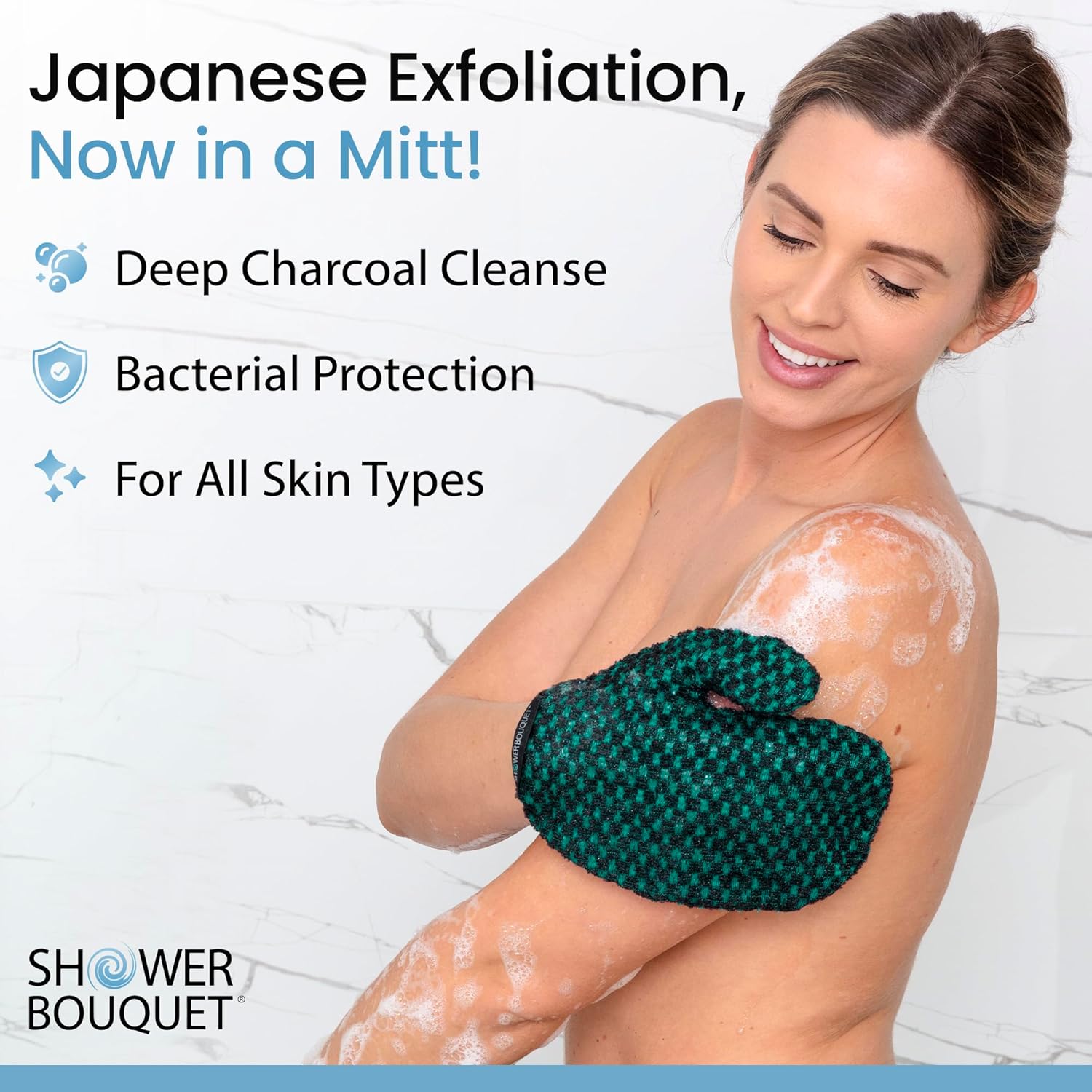 Japanese Exfoliating Mitt for Shower [Green] - Charcoal & Silver Ion Exfoliating Glove - Gentle Exfoliation & Deep Cleansing Shower Mitt - Exfoliating Body Scrubber Glove, Soft Fabric Inside