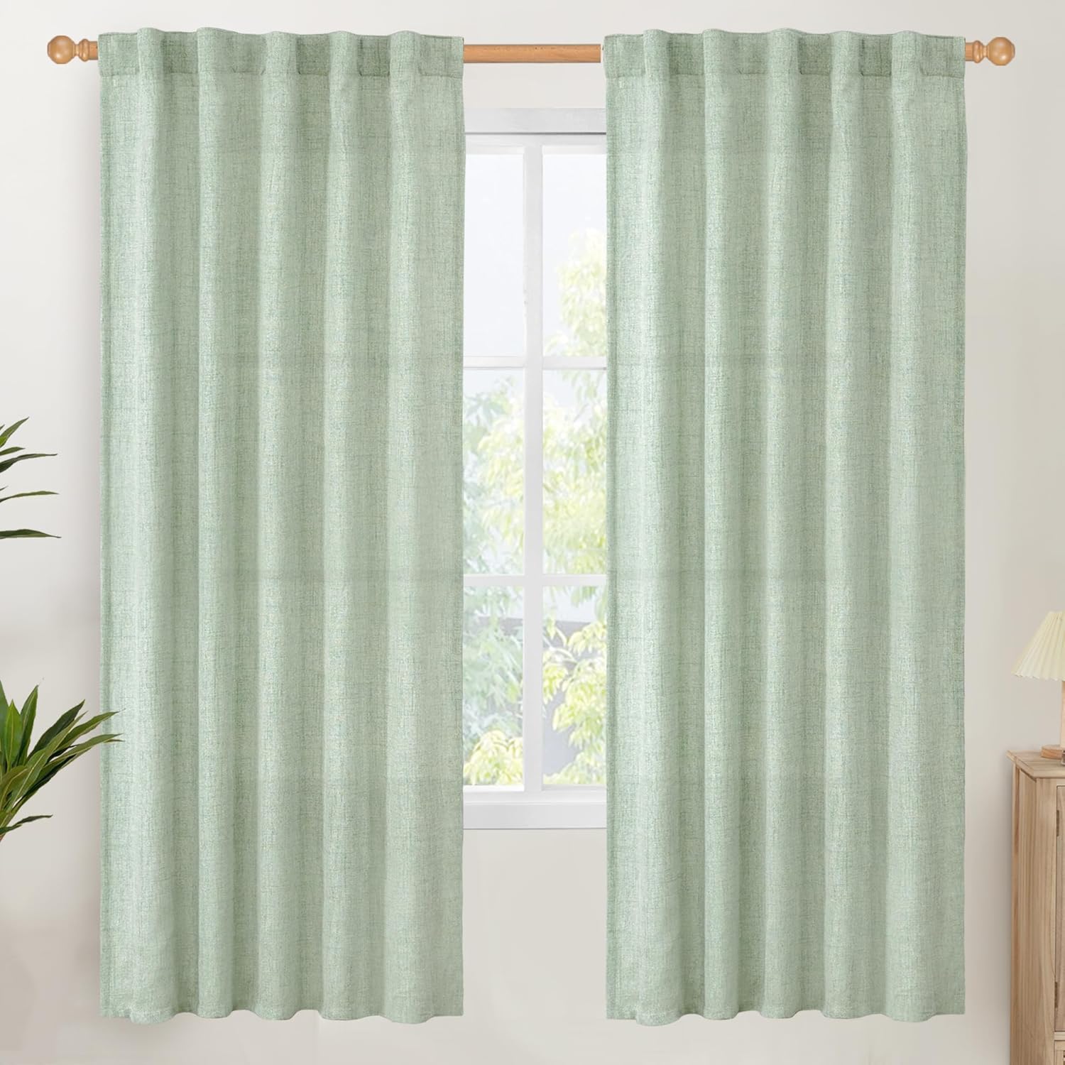 YoungsTex Sage Green Curtains 72 Inch Length for Living Room, Semi Sheer Linen Drapes Light Filtering with Back Tab Rod Pocket for Bedroom Farmhouse Spring Decor, 42 X 72 Inch, 2 Panels