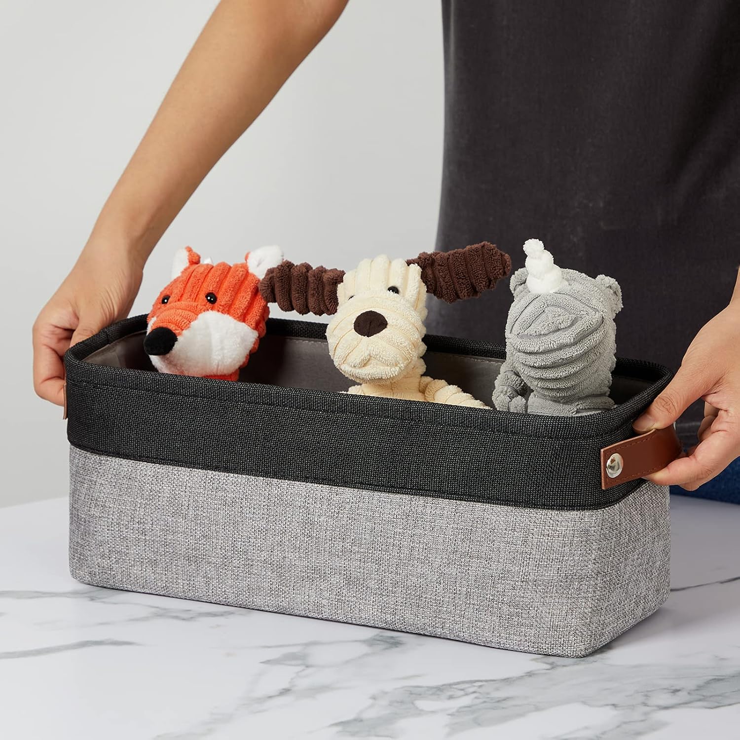 DULLEMELO Small Bathroom Baskets for Toilet Fabric Storage Baskets 2 Pack - 15"x6"x5.5" Foldable Fabric Organizer for Storage Decorative Storage Bins for Home,Closet(Black&Grey)