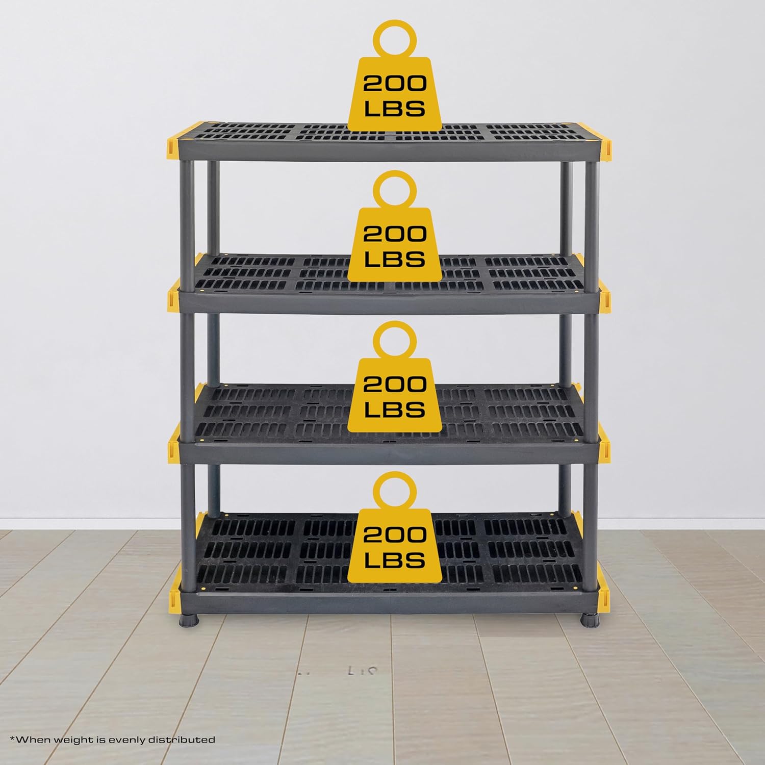 BLACK & YELLOW, 4-Tier Heavy Duty Plastic Storage Shelving Unit, 200lbs/shelf (55"H x 48"W x 20"D), for Indoor/Outdoor Organization, Modular Rack