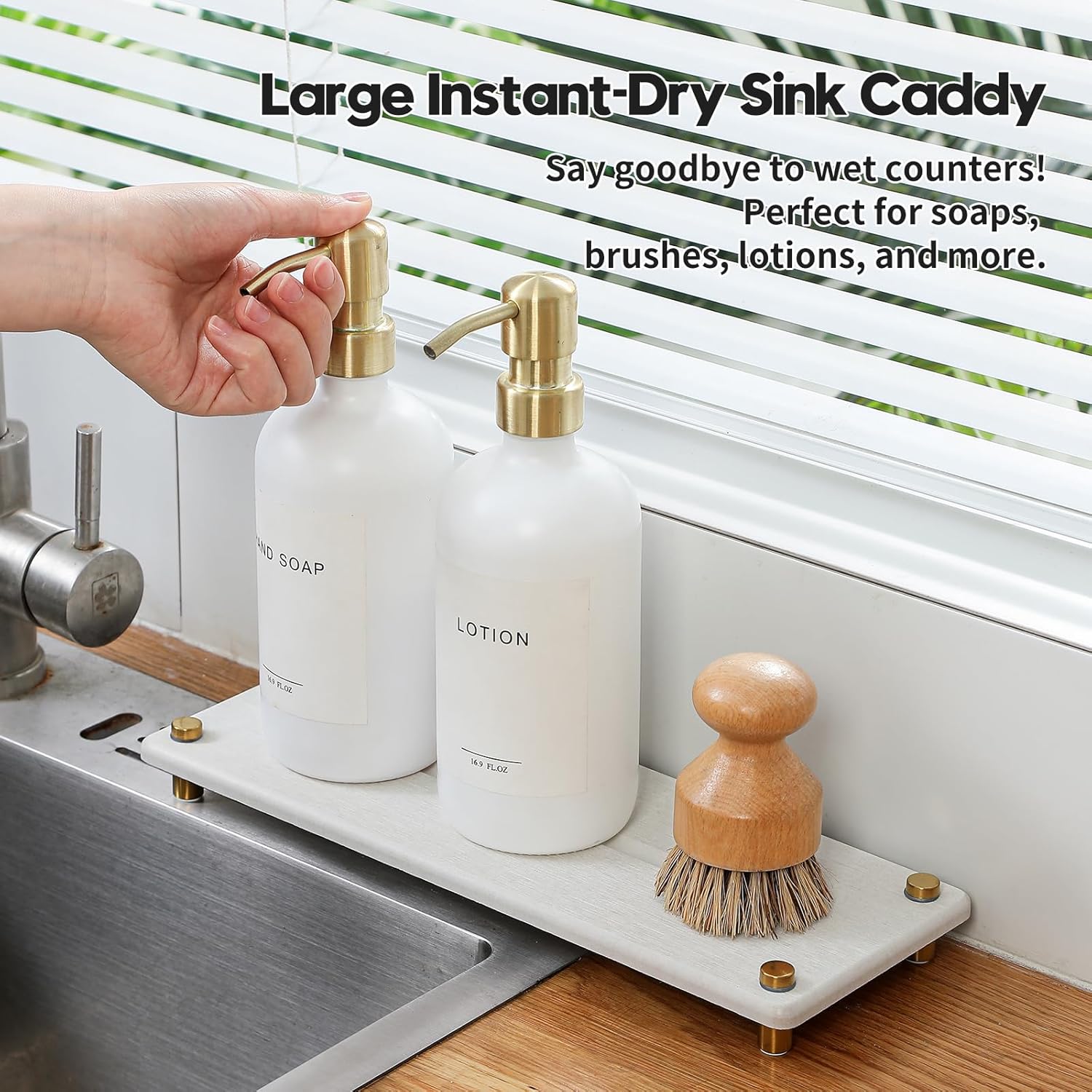 Water Absorbing Stone Sink Caddy Kitchen Sink Organizer Tray, Diatomite Bathroom Counter Tray, Gold Faucet Drying Mat Coaster Soap Dish Rack Riser Dispenser Sponge Holder, Beige 12.5" x 4.5"