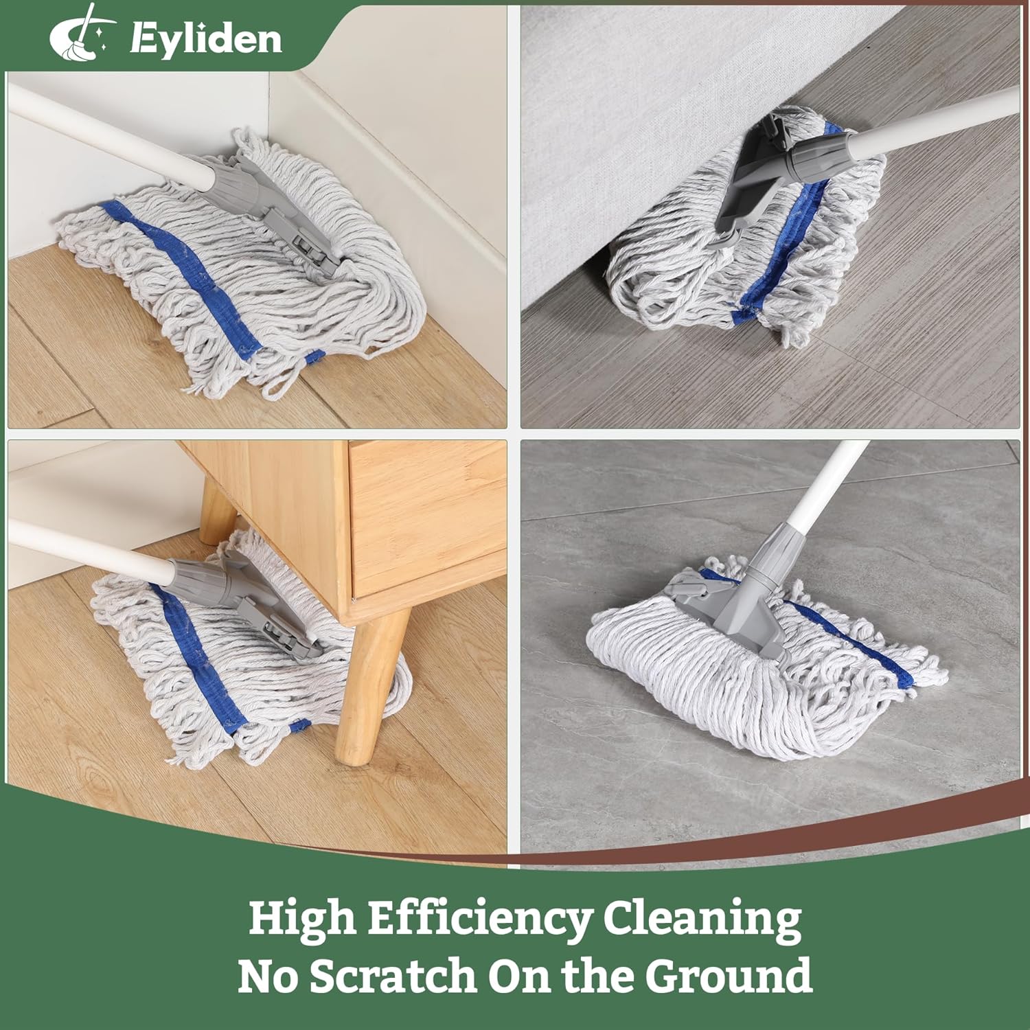 Eyliden String Mops for Floor Cleaning, Heavy Duty Looped-End Commercial Mops with Extra Mop Head Replacement, Universal Industrial Cotton String Mop for All Surfaces, Kitchen Bathroom Home